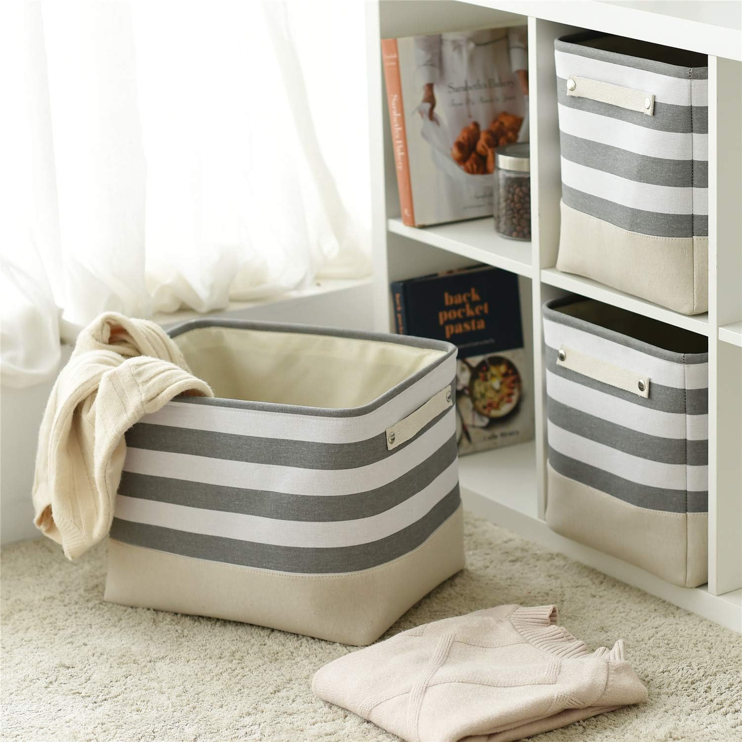 TheWarmHome Extra Large Cube Storage Bins Baskets for Organizing, Sturdy Fabric Storage Basket Cube W/Handles, Decorative Foldable Storage Baskets for Shelves Closet Nursery Toy (3 Pack 16×12×12inch)