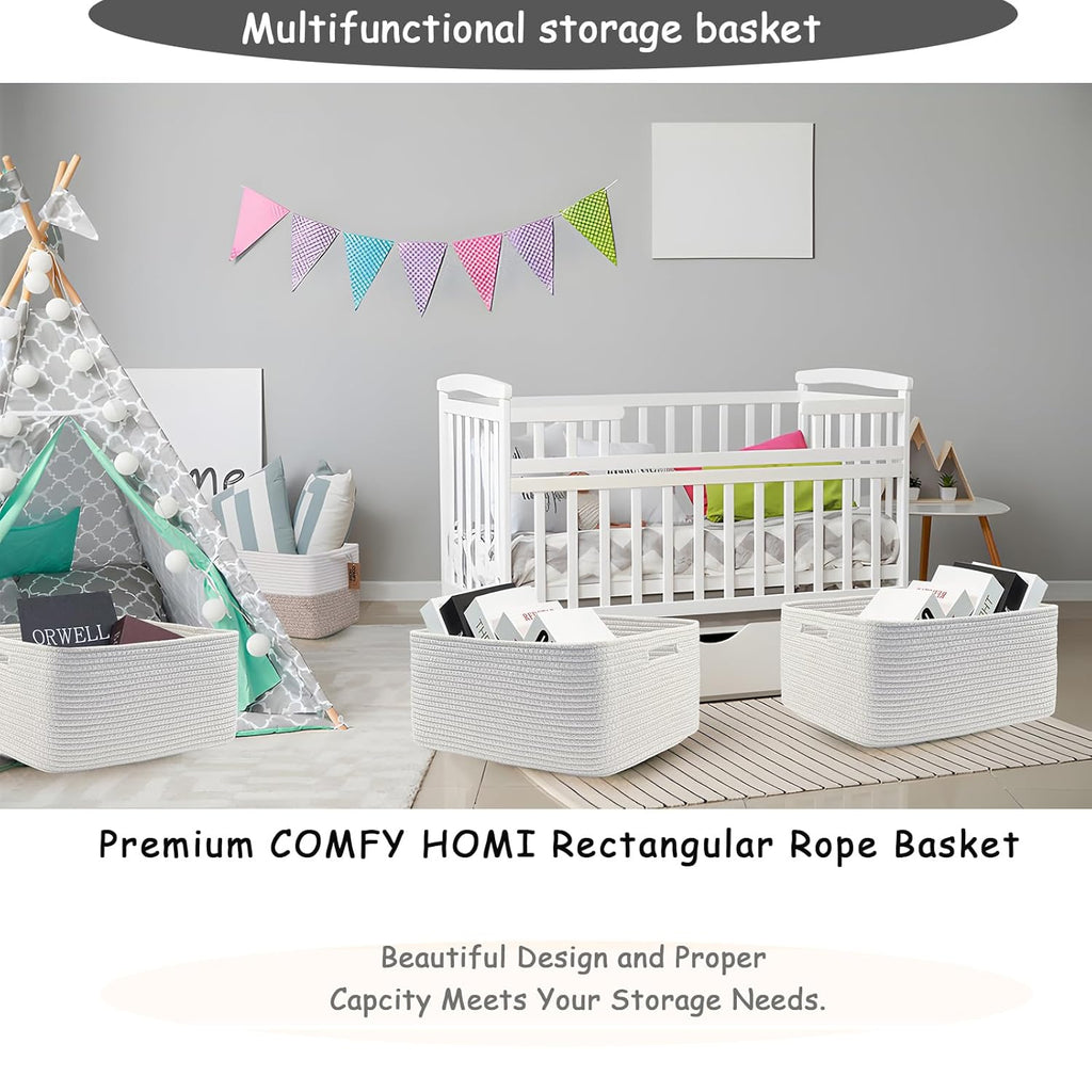 COMFY-HOMI 3 pcs Large Storage Baskets for Shelves, Laundry Basket, Woven Rope Basket, Closet Organizer Bins for Clothes Blanket Towels, Baby Nursery, Gift Toy Baskets, 17” x 13” x 7.5”-White