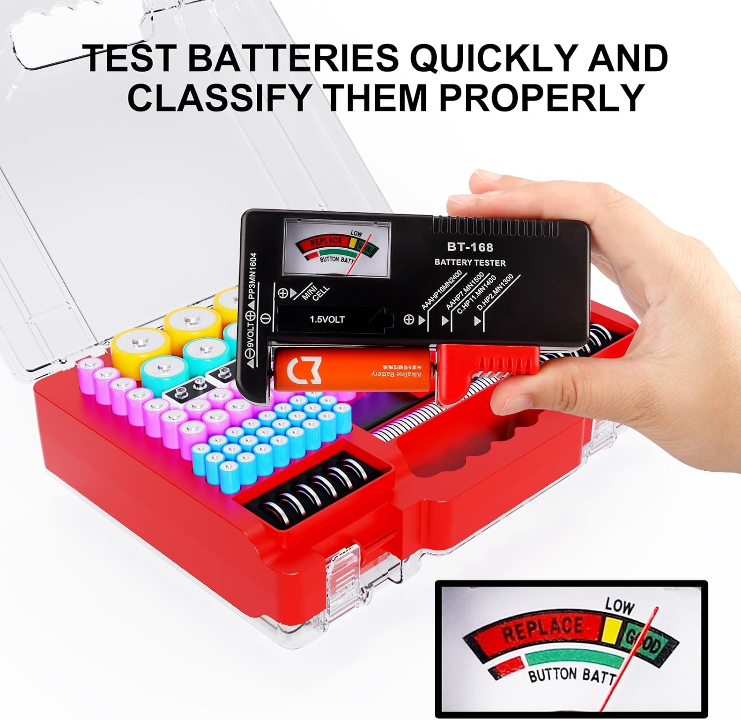 Battery Organizer Storage Case with Tester, Ultra-Large 265+ Double-Sided Batteries Container with Handle, Holds AA AAA 4A 23A C D Cell 3V 9V Lithium CR3 4LR44 CR123A 18650 (Red)