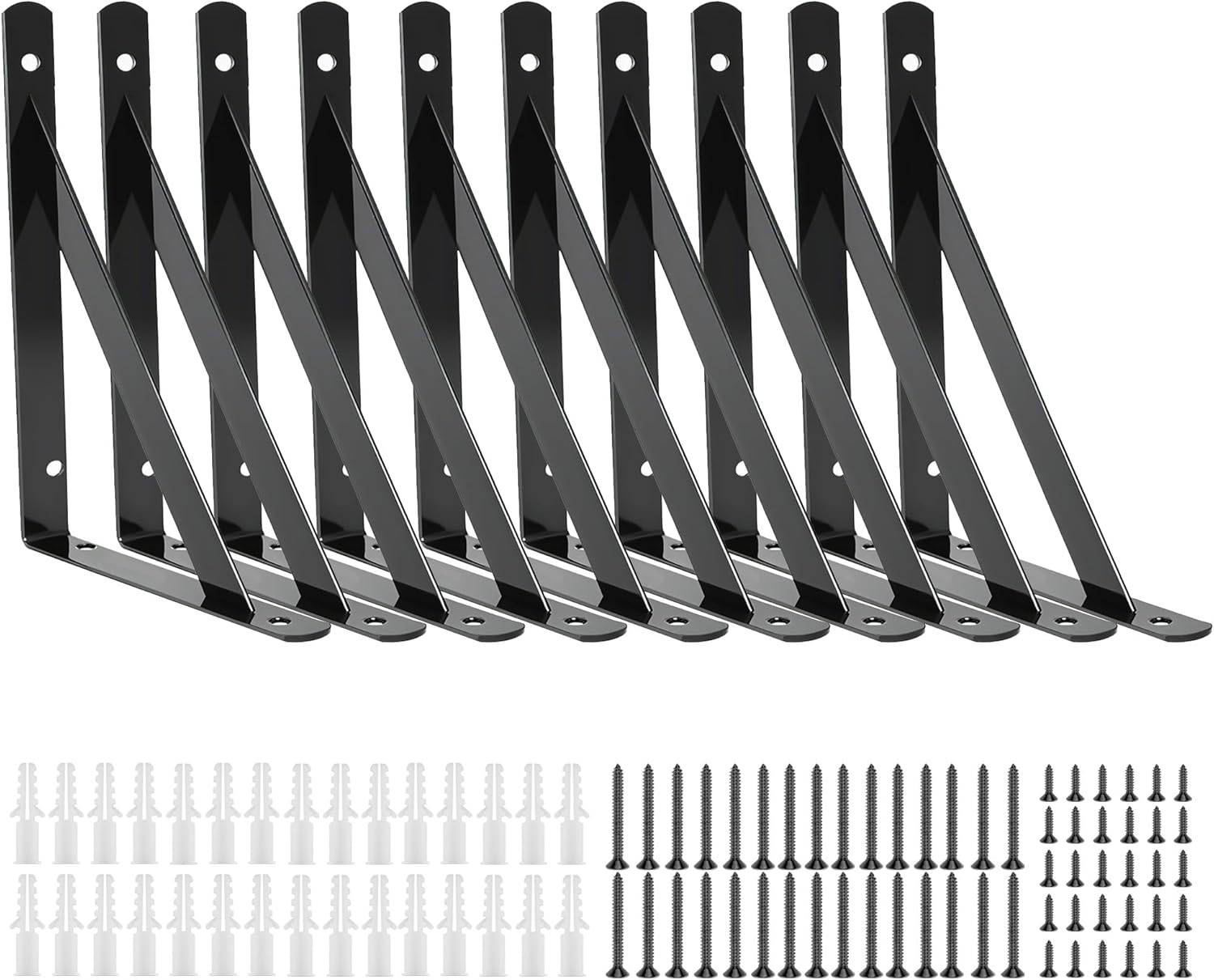 10 Pack L 8" x H 5" Heavy Duty Shelf Brackets with Screws Open Floating Shelving Bracket L Brackets Black Metal Shelf Brackets for Shelves, Room, Pantry,Garage