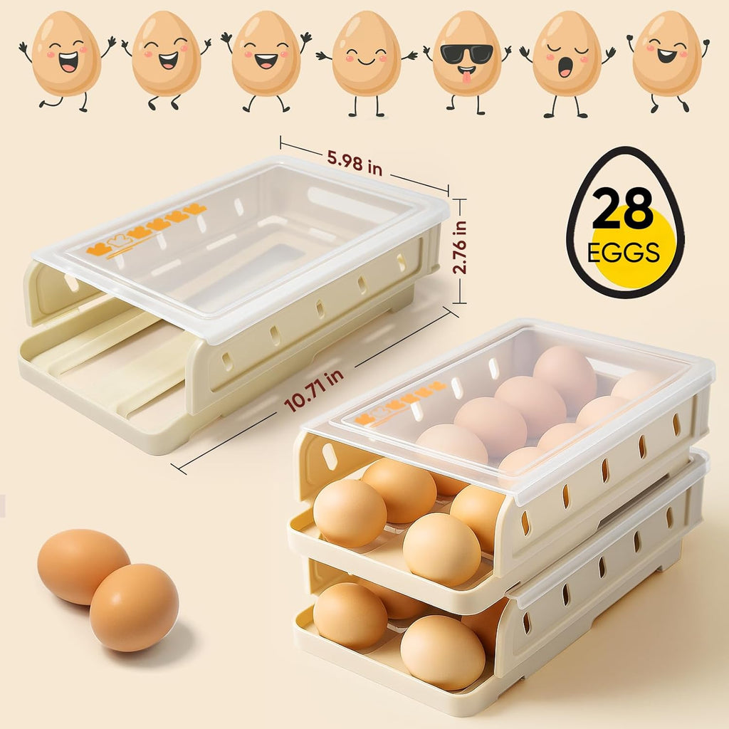 Automatic Rolling Egg Holder for Refrigerator, 2-Pack Stackable Egg Storage Containers, Smooth Glide Track, Steady Base & Dishwasher Safe