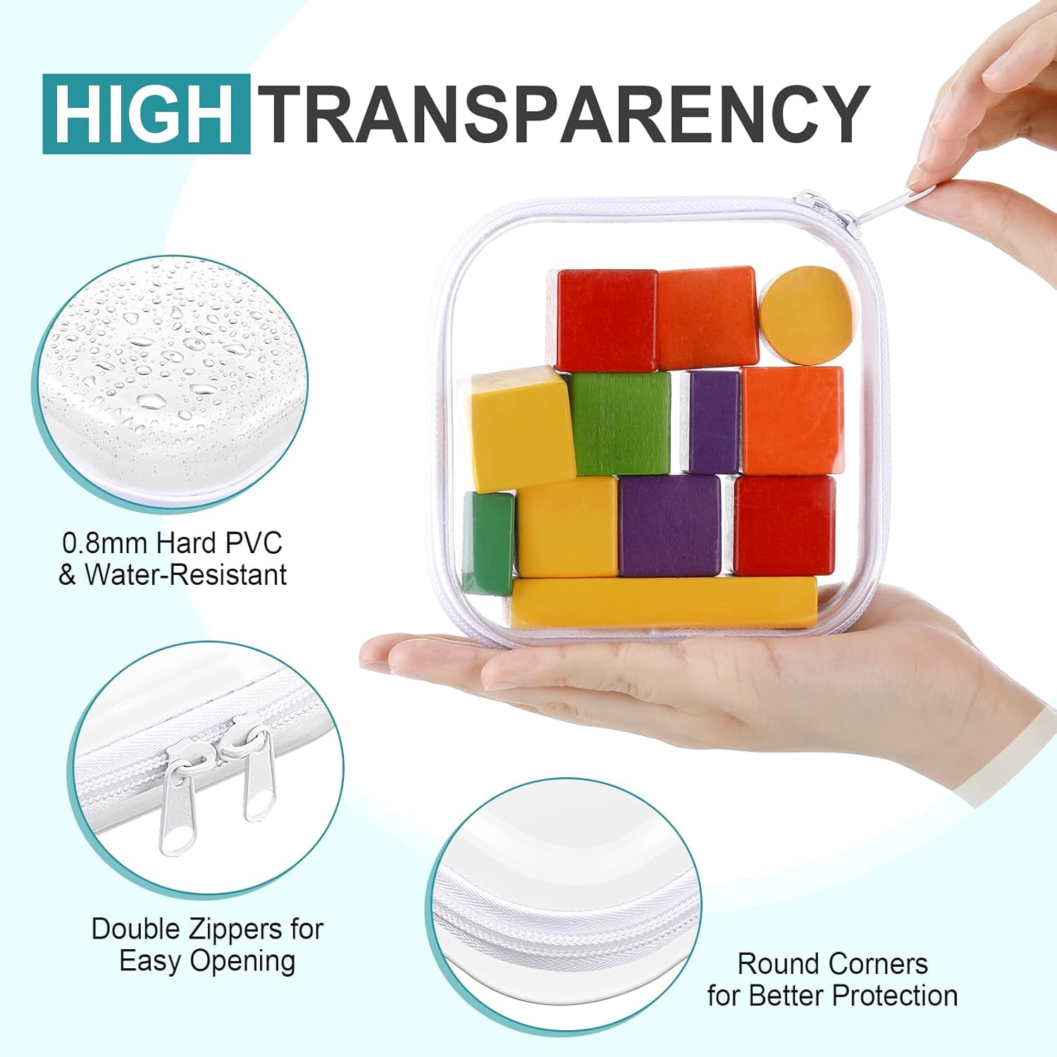 Hoolerry 4 Pcs Hard Clear Zipper Case Makeup Bags Plastic Pencil Pouch Transparent Storage Box Containers for Cosmetics, Snacks, Building Blocks, Puzzles(White,5 x 5 x 2 in)