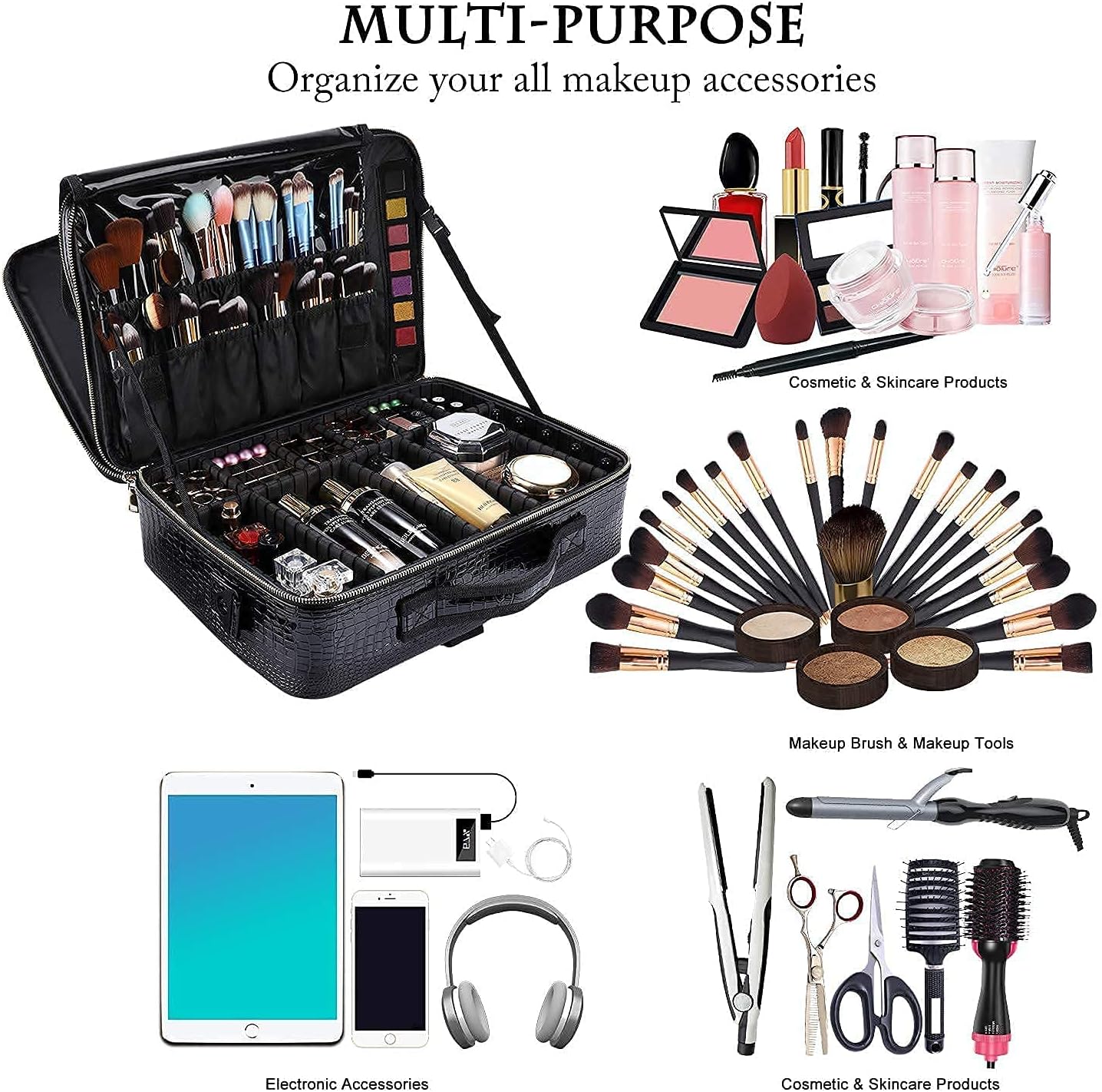 JOURMON Travel Makeup Train Case,Large Capacity Cosmetic Bags for Women,Portable Makeup Bag Organizer with Adjustable Dividers & Shoulder Strap (Crocodile Pattern Black, L)