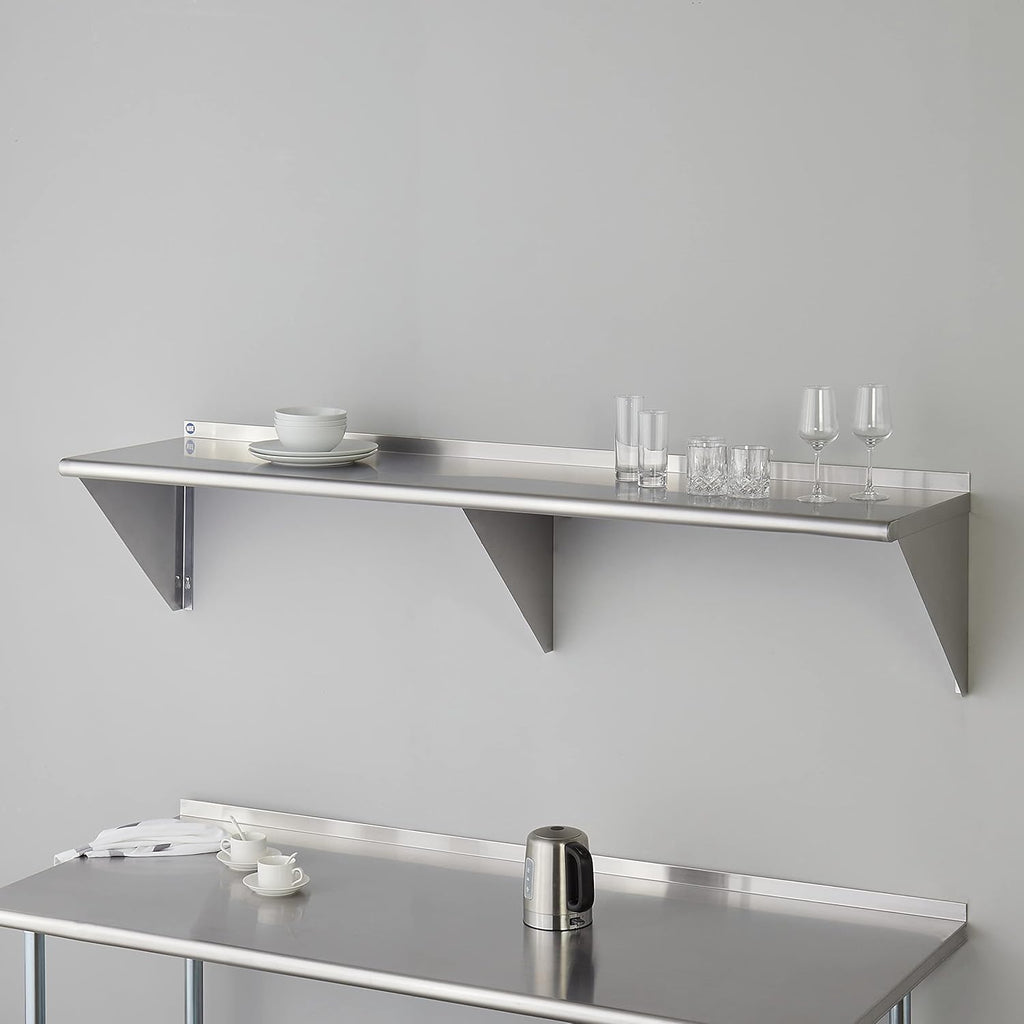 ROCKPOINT Stainless Steel Shelf 18 x 72 Inches 500lb, NSF Metal Commercial Shelves Wall Mount Floating Shelving with Backsplash for Restaurant, Kitchen, Home and Hotel, Silver