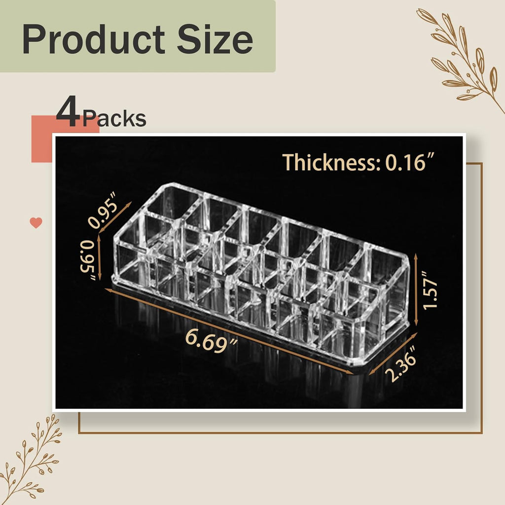 4 Pack Lipstick Organizer, 12 Slot Clear Acrylic Lipstick Holder, Makeup Organizer for Vanity, Drawer, Lip Gloss Storage Display
