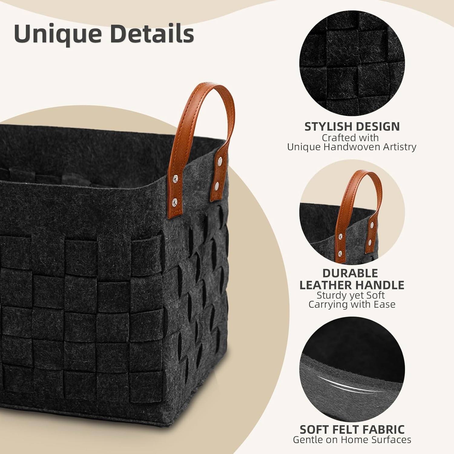 boldmonkey Laundry Basket 16.5 " x13 x13 , Large Rectangular Blanket Basket with Leather Handle, Felt Storage Basket for Living Room, Nursery, Dog Toys-Dark Gray