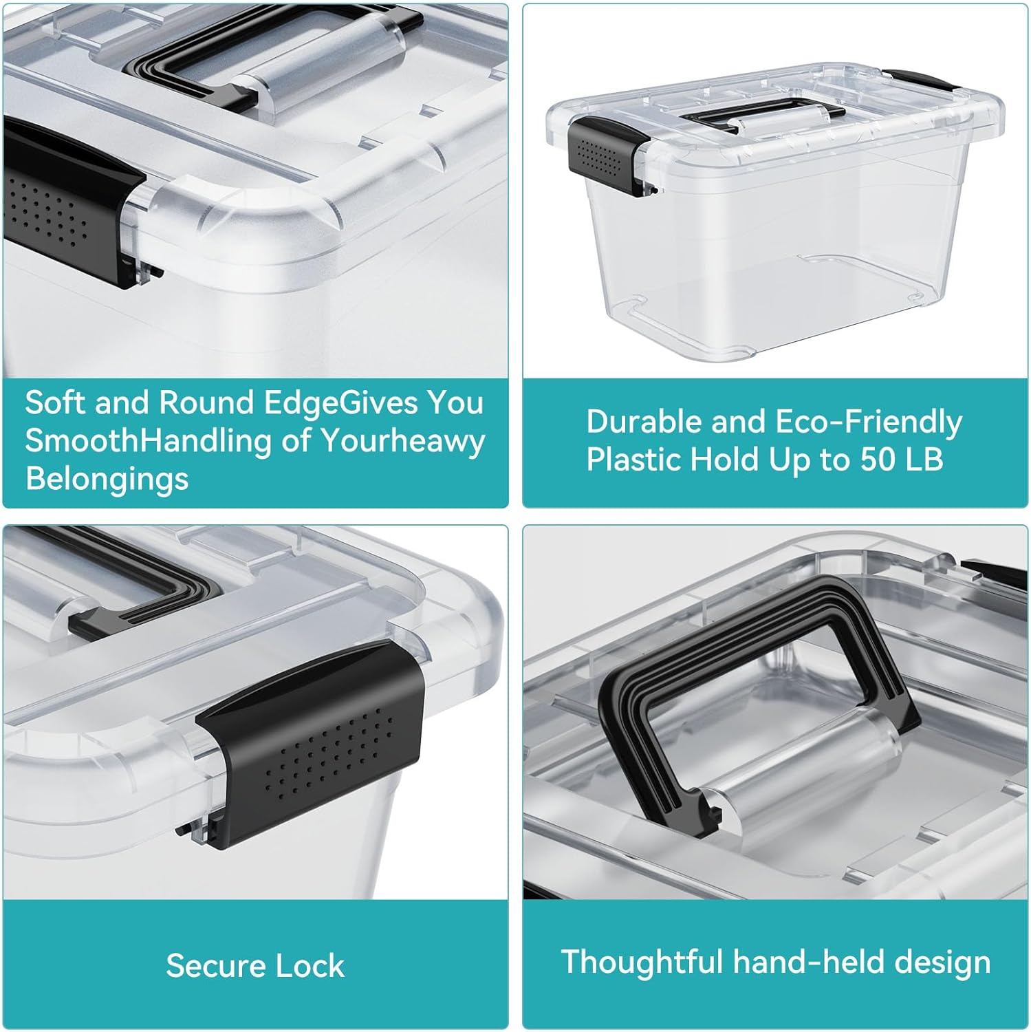 Nazhura Plastic Storage Bin, Stackable and Nestable Storage Boxes with White Lids and Secure Latching Buckles, Large Storage Container (CLEAR, 6QT 12PACK)