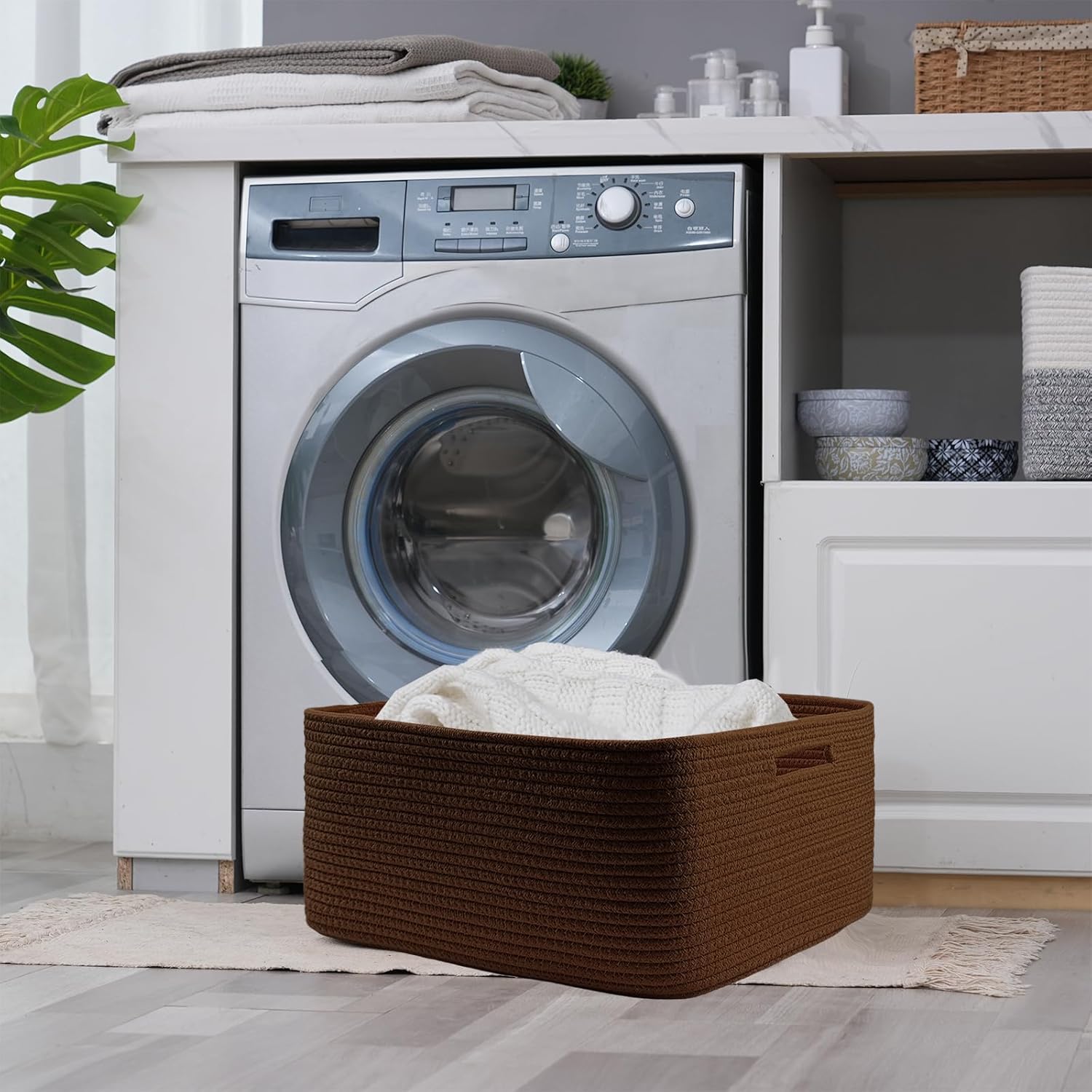 COMFY-HOMI 2 pcs Large Storage Baskets for Shelves, Laundry Basket, Woven Rope Basket, Closet Organizer Bins for Clothes Blanket Towels, Baby Nursery, Gift Toy Baskets, 17” x 13” x 7.5”-Dark Brown