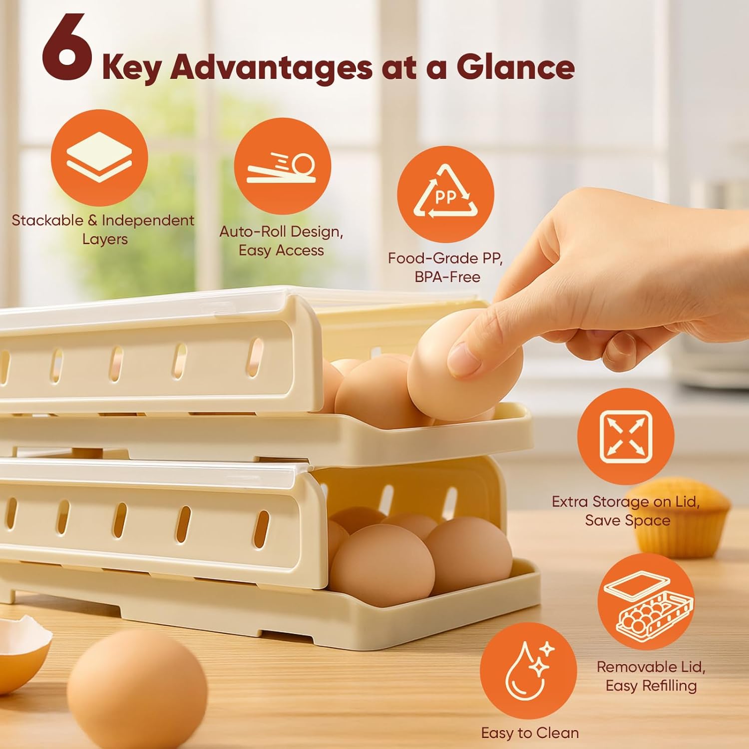 Automatic Rolling Egg Holder for Refrigerator, 2-Pack Stackable Egg Storage Containers, Smooth Glide Track, Steady Base & Dishwasher Safe