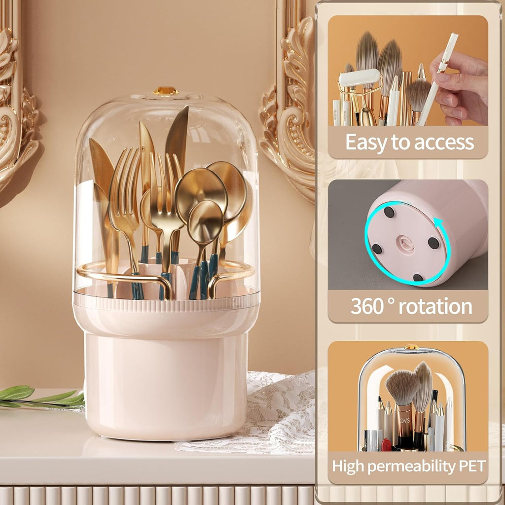 THE LIMIT 360 Degree Rotating Makeup Organizer Box, Dustproof Waterproof, 6 Compartments, Covered Brush Holder, Moisture-Proof, Fits Long Makeup Products, Easy Storage, Large Capacity (Pink)