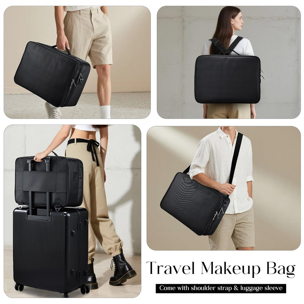 Adazzo Large Makeup Bag, 3 Layers 17” Makeup Case Organizer with Mirror Professional Cosmetic Storage Backpack Box Travel Artist Carrying Vanity Bags with Brush Slot/Shoulder Strap/Attach to Suitcase