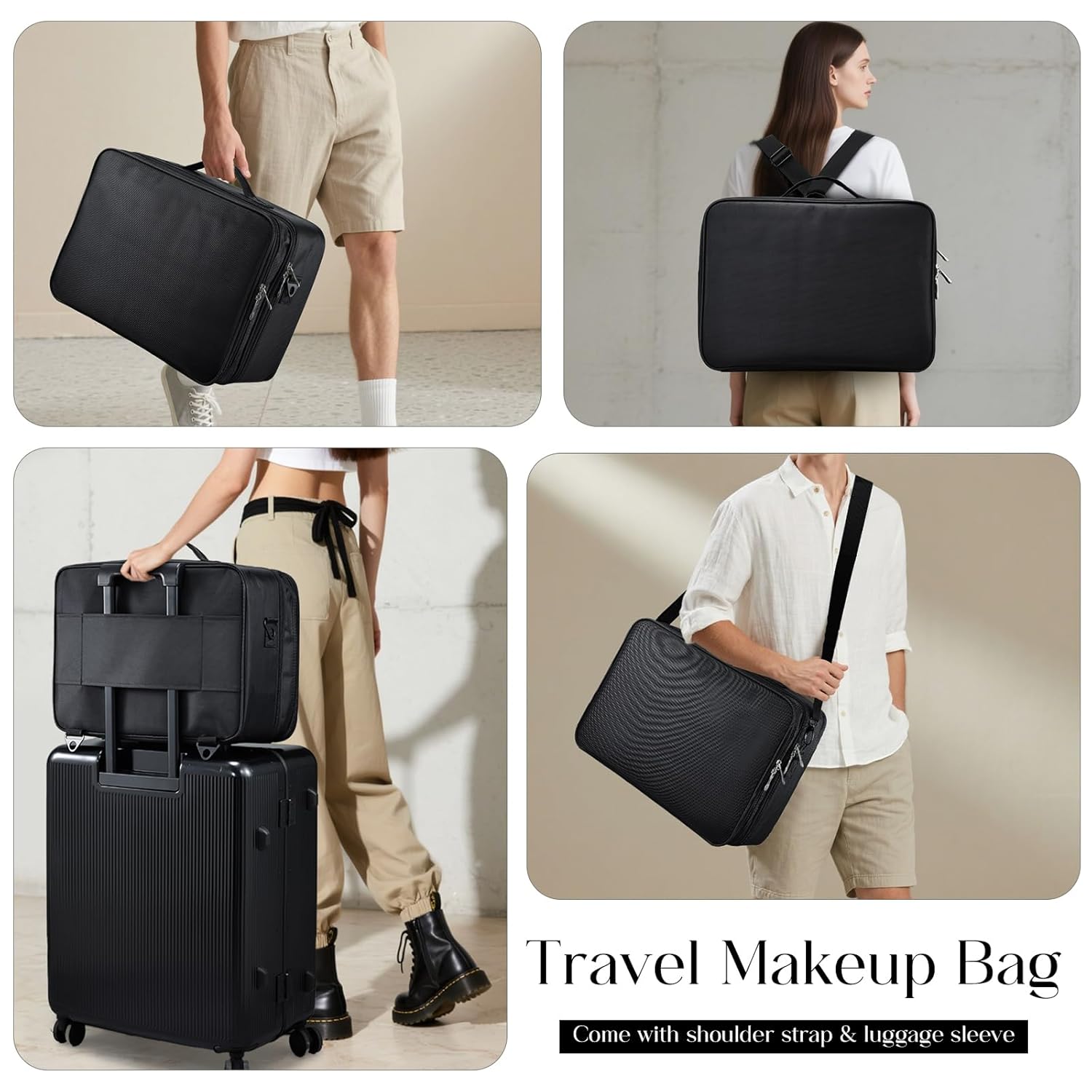 Adazzo Large Makeup Bag, 3 Layers 17” Makeup Case Organizer with Mirror Professional Cosmetic Storage Backpack Box Travel Artist Carrying Vanity Bags with Brush Slot/Shoulder Strap/Attach to Suitcase