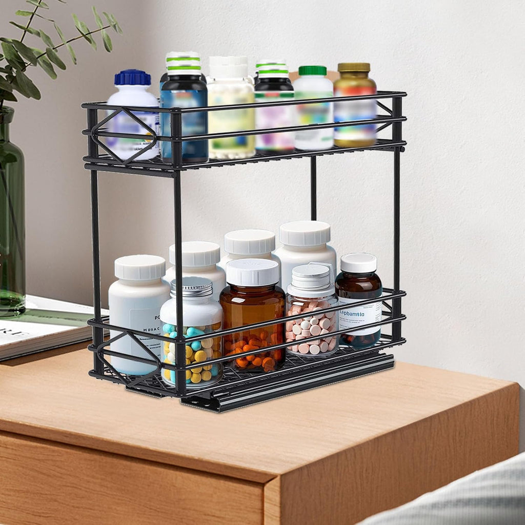 Pull Out Medicine Organizer,Slide Out Storage Drawers,Spice Rack Organizer for Cabinet,Pill Bottle Storage for Holding Vitamins,Supplements Cosmetics,10.43”L x 4.33”W x 7.87”H,2 Tier,Black
