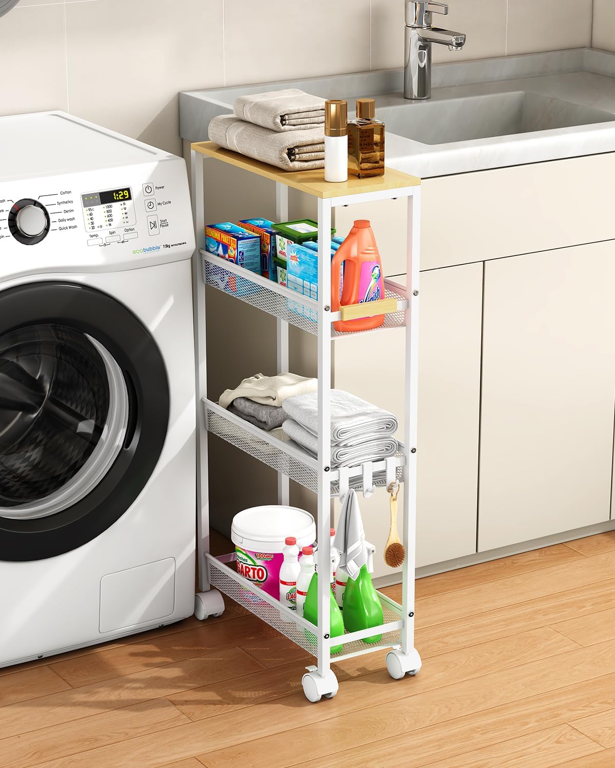 TIPGO Utility Slim Storage Cart, 4 Tier Rolling Cart with Wheels, Narrow Storage Cabinet for Bathroom, Laundry Shelves for Room Organization, Small Organizer for Kitchen, Office and Dorm (White)