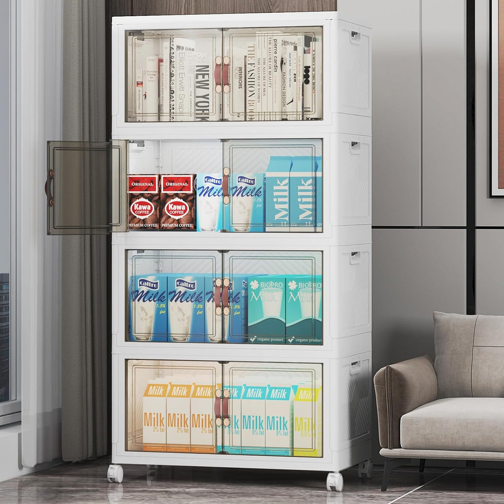 220Qt Stackable Storage Bins with Lids, 4 Pack Collapsible Storage Bins with Wheels, Plastic Cabinet with Doors, Foldable Closet Organizers for Home, Dorm, Office, White