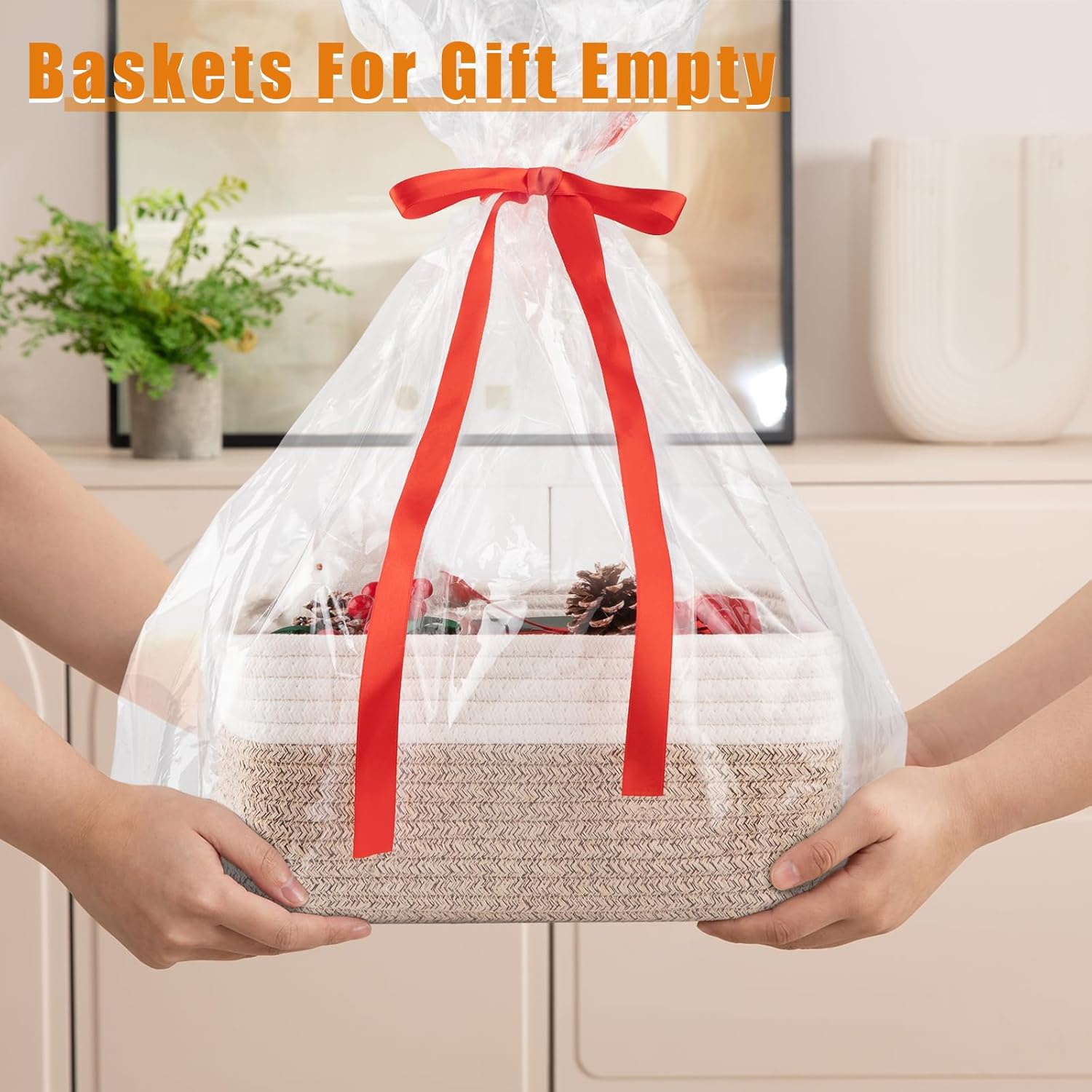 OIAHOMY 4 Pack Storage Baskets for Organizing, Small Bins for Shelves, Cute Decorative Storage Bins, Organizer Baskets for Gifts Empty, 13.8''Lx9.8''Wx5.5''H, Brown/White