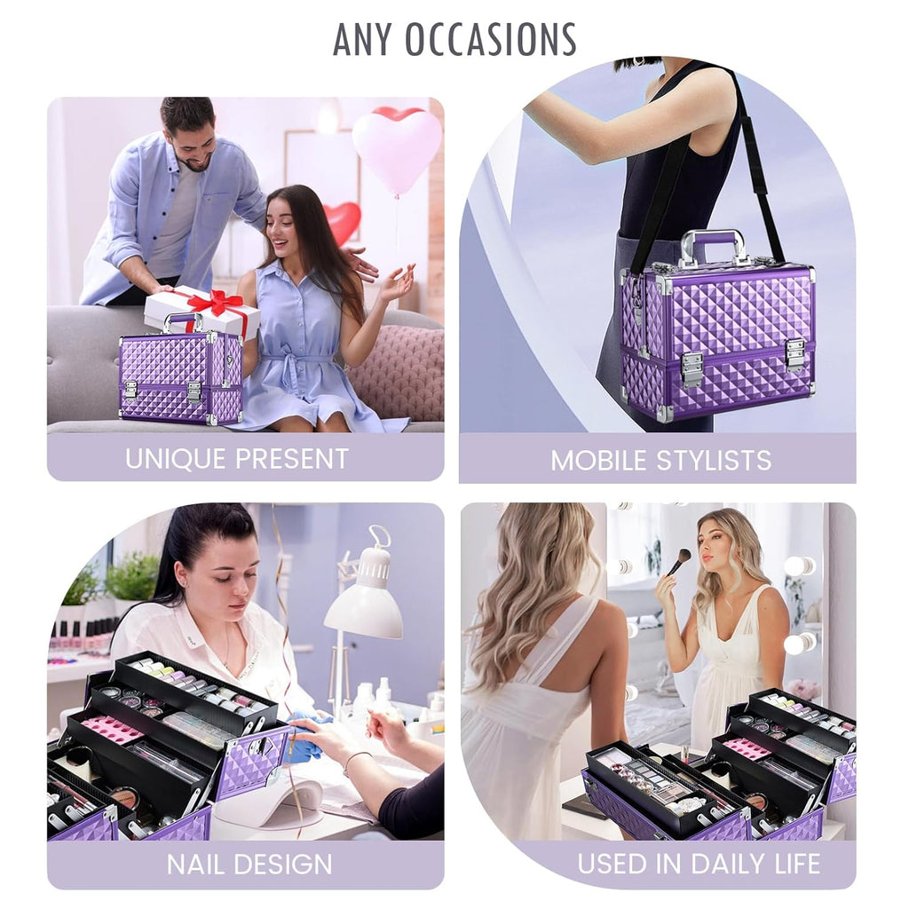 FRENESSA Makeup Train Case Makeup Case 12.6 Inch Large Cosmetic Box Organizer Travel Storage Professional Make Up Train Carrying Case with 6 Trays Locking Shoulder Strap Hard Vanity Storage Purple