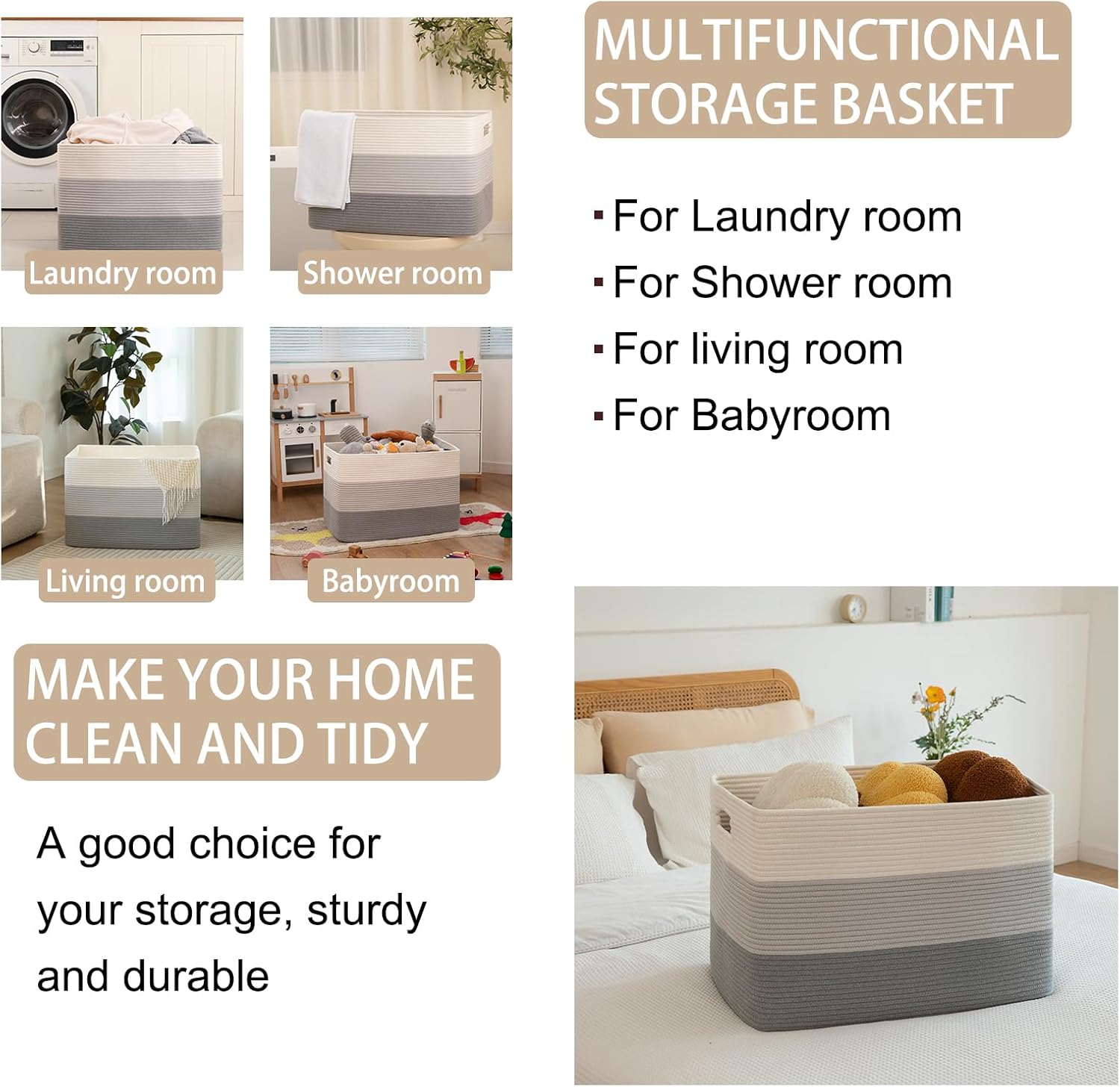 OIAHOMY 108L Large Cotton Rope Basket, Rectangle Woven Baskets for Storage, Nursery Blanket Storage Living Room, Toy Basket With Handle-25”x16”x16”-Gradient Grey