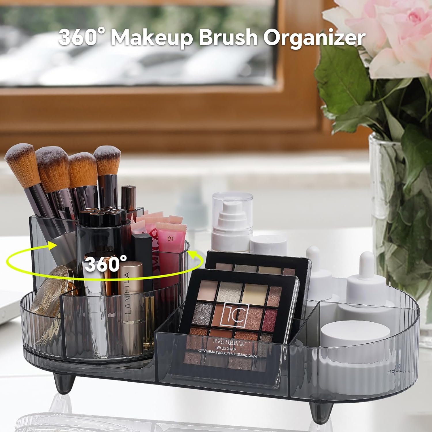 Cosmetic Makeup Storage Organizer, Countertop Makeup Perfume, Rotating Makeup Organizer for Vanity with Brush Holder, Lotions Display Case, Large Spinning Makeup Skincare Organizer (Transparent Black)