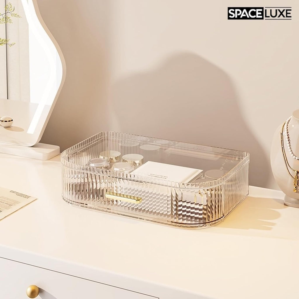 Makeup Organizer with Drawers and 360° Rotating Brush Holder, Large Capacity Cosmetic Storage for Vanity, Skincare, Perfume, Hair Accessories, Lipstick & Jewelry (Clear, 2-layer)