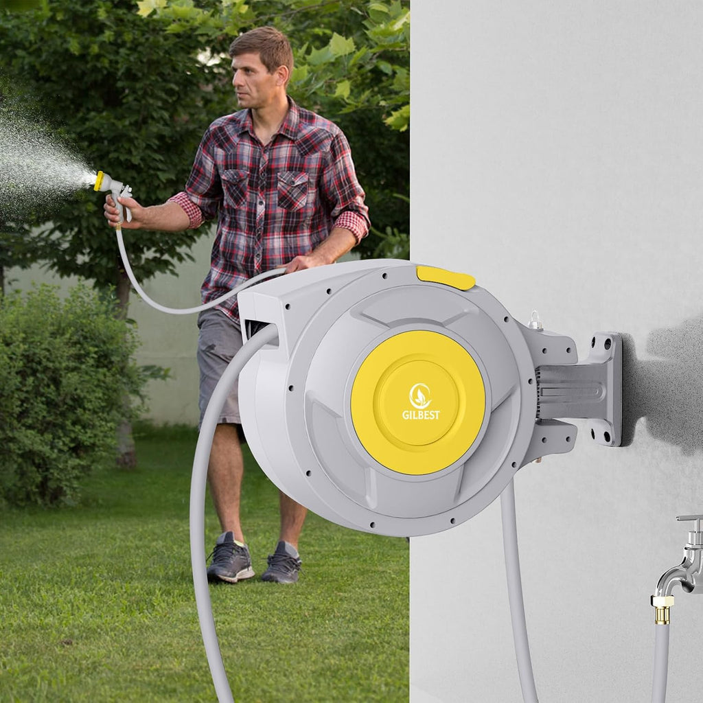 100 ft x 5/8" Retractable Garden Hose Reel, Heavy Duty Water Hose Reel Wall Mounted, Any Length Lock, 180°Swivel, Water Hose with 8-Function Nozzle for Cleaning, Watering(Yellow)