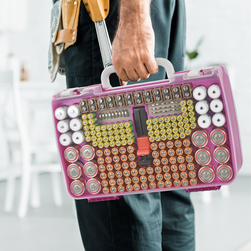 Battery Organizer Storage Holder Case with Double-Sided, Garage Box with Tester Checker. Batteries Container for 269pcs AA AAA AAAA 3A 4A 9V C D Lithium 4LR44 CR2 CR123A CR1632 CR2032 18650 - Purple