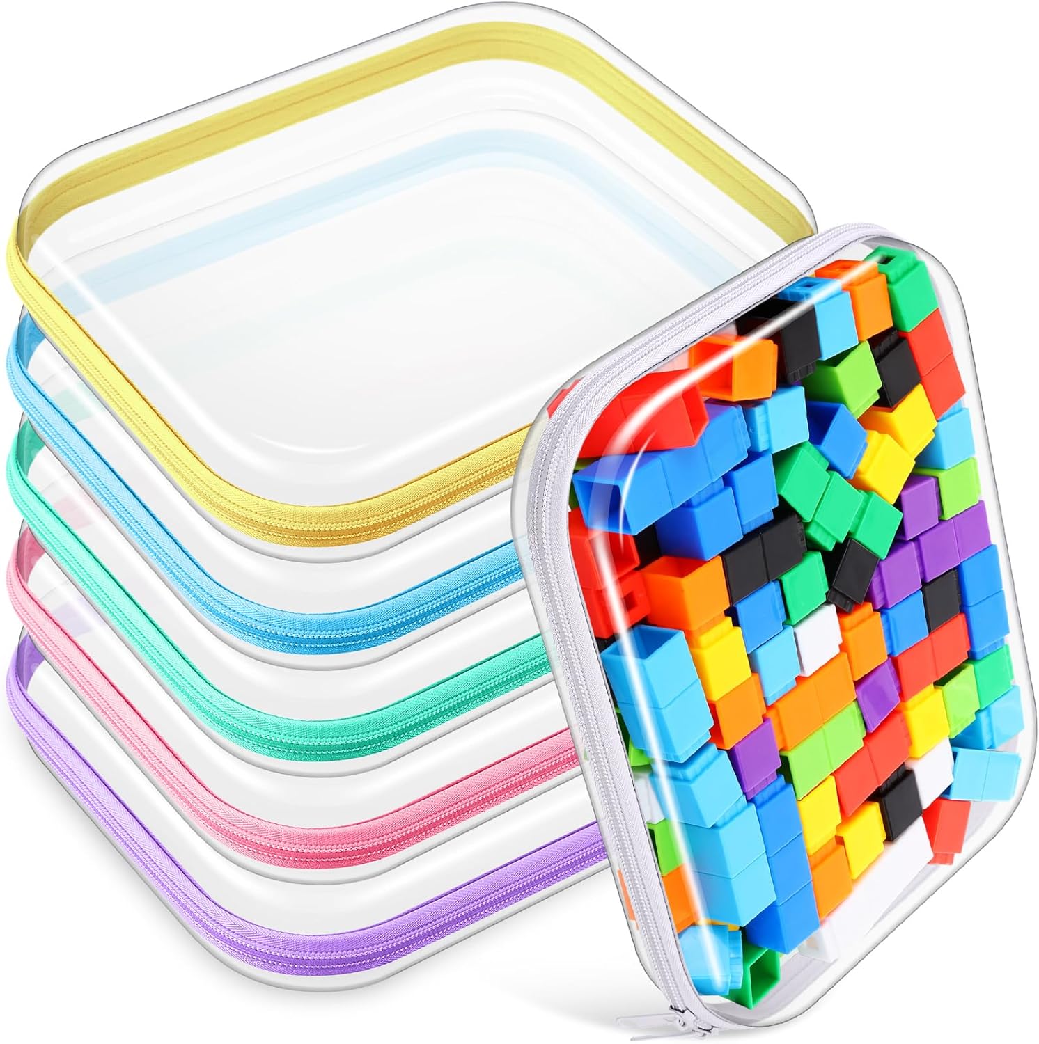 Sanwuta 6 Pcs Clear Hard Zipper Case Hard Plastic Zipper Pouches Transparent Makeup Bag Pencil Pouches for Travel Snacks Christmas Trinket Storage Organizer Box(Colorful,9.84 x 7.87 x 2 Inch)