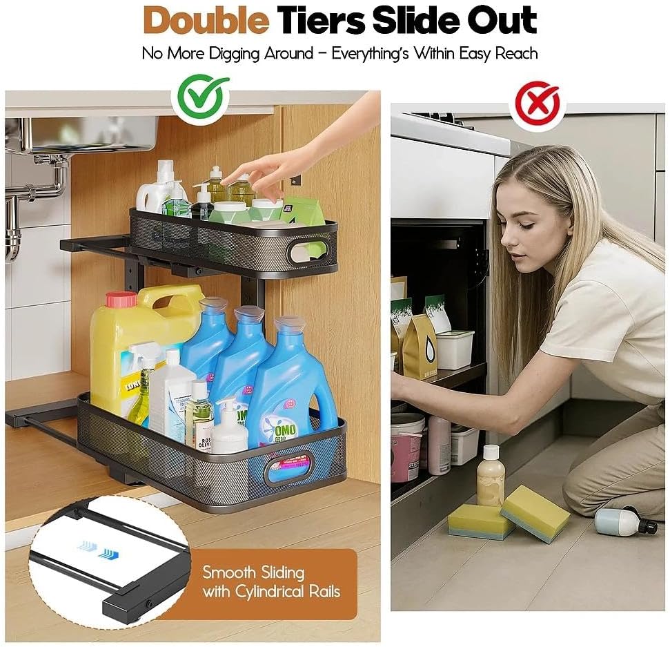 1 Pack 15.7IN-Depth Under Sink Organizer With Smooth Cylindrical Rail,2-Tier Pull Out Multi-Purpose Cabinet Storage for Bathroom&Kitchen,Height Adjustable,Rust-resistant Coating-Black