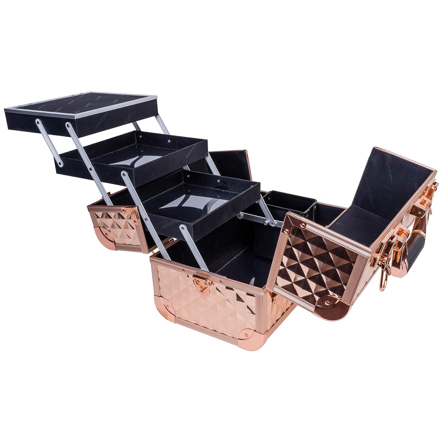 SHANY Premier Fantasy Professional Makeup Train Case Cosmetic Box Portable Makeup Case Organizer Jewelry storage with Locks, 3 Trays,Makeup Brush Holder and Cosmetics Mirror - Rose Gold