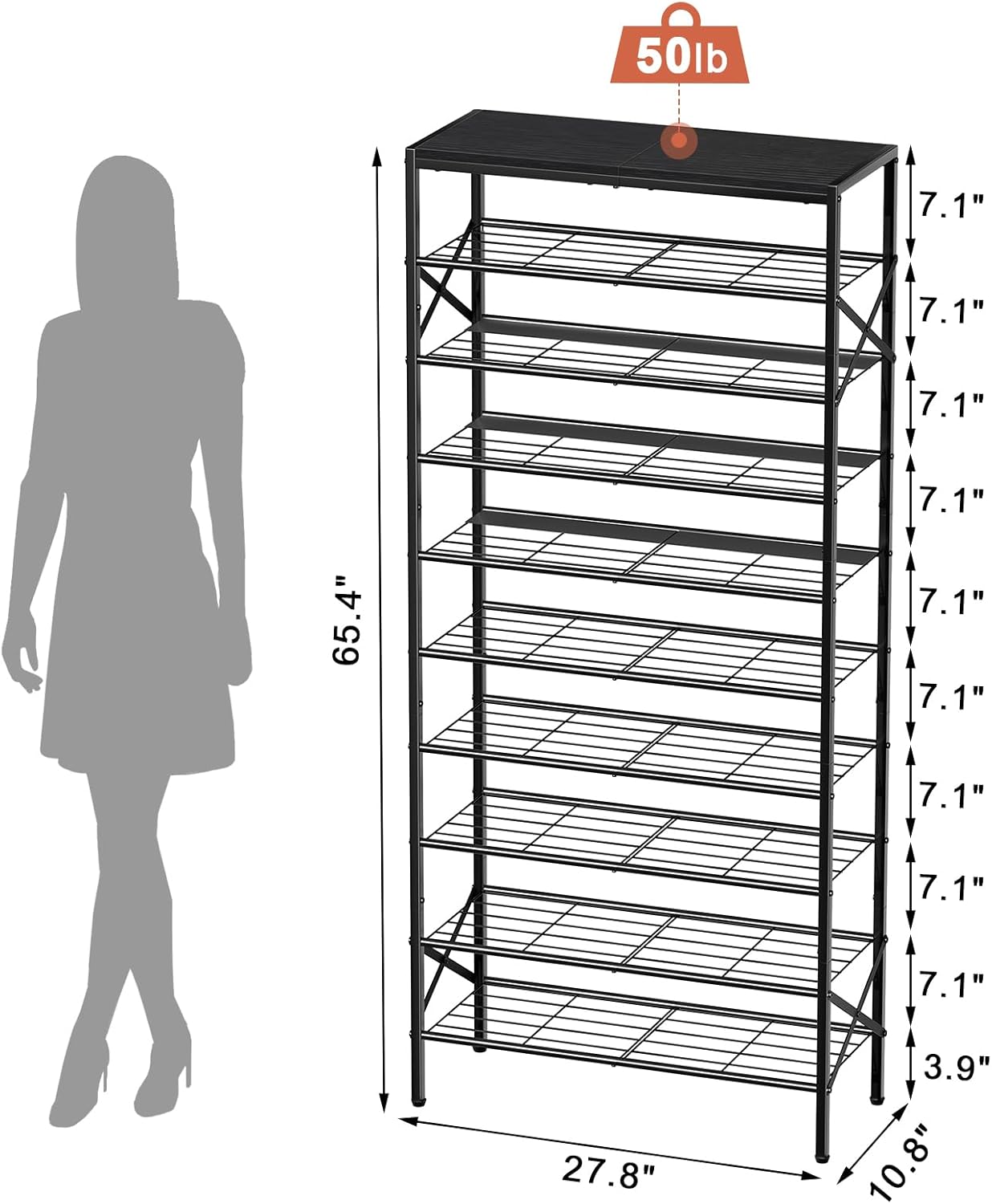 10-Tier Tall Shoe Rack Organizer Shoe Storage for Entryway 30-40 Pairs Metal Shoe Rack for Closet Heavy-Duty Shoe Rack with Wooden Top Shelf for Garage Black