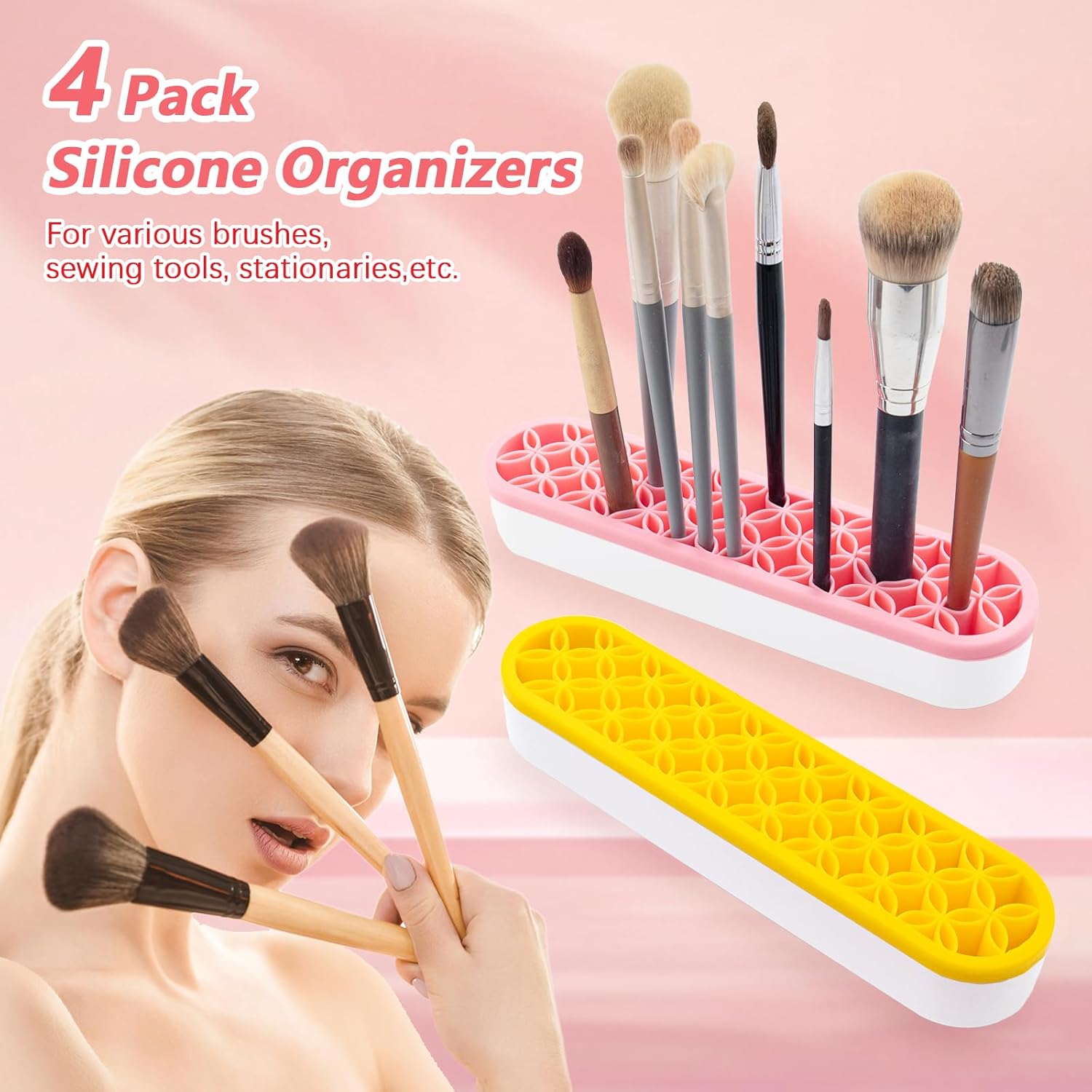 4 Pcs Silicone Makeup Brush Holder Stand Multipurpose Cosmetic Travel Storage Box Painting Pen Brush Organizer Desktop Makeup Brush Drying Rack for Brush, Eyeliner Pencil Art (Multicolored)