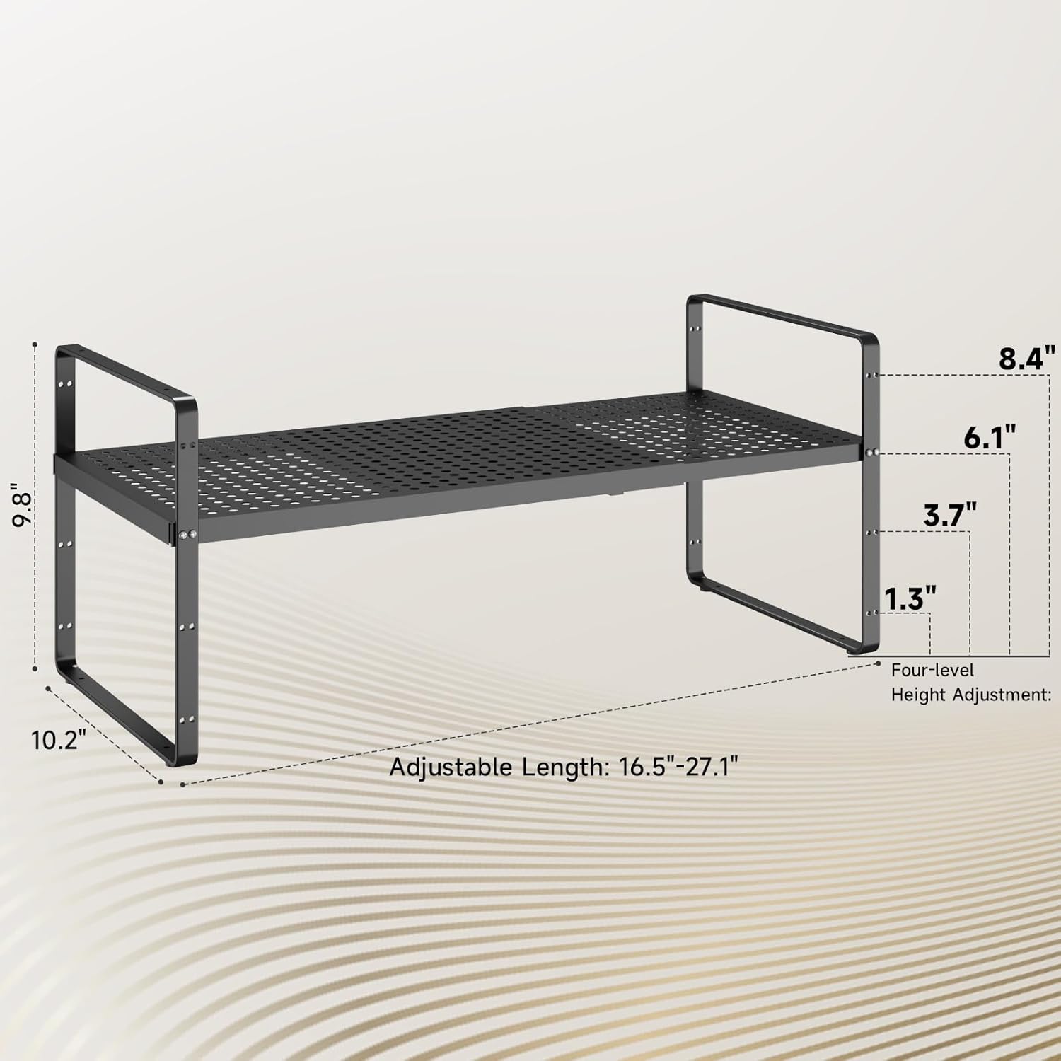 Hole Pattern Expandable Shelf Organizer,1Pack 10.2" Wide Easy to Assemble Cabinet Organizer Shelf, 16.5~27.1" Adjustable Height&Stackable Spice Organization for Cupboard, Black