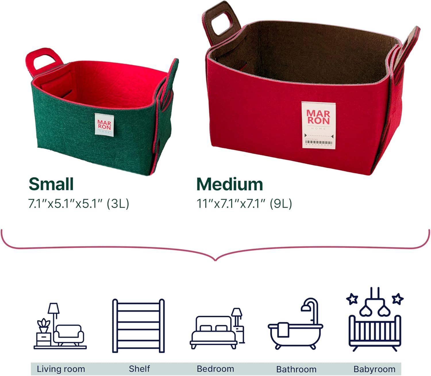 Collapsible Felt Deep Green Red Storage Bin Small 7.1"x5.1"x5.1" – Foldable Basket with Handles for Closet, Toy Storage, Laundry Room Organization, Decorative Storage Baskets for Shelves
