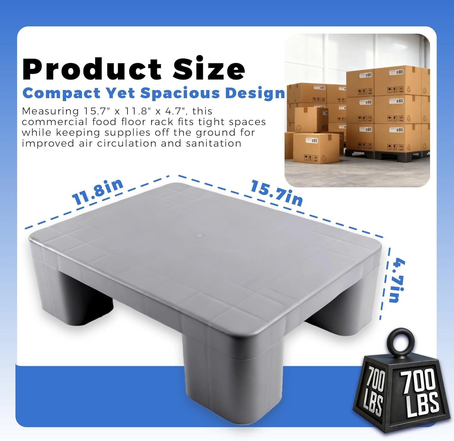 Plastic Dunnage Rack – Heavy-Duty Gray Block Pallet for Basement or Commercial Food Storage, 15.7" x 11.8" x 4.7", 700LBS Load Capacity Plastic Pallets for Dry Floor Organization