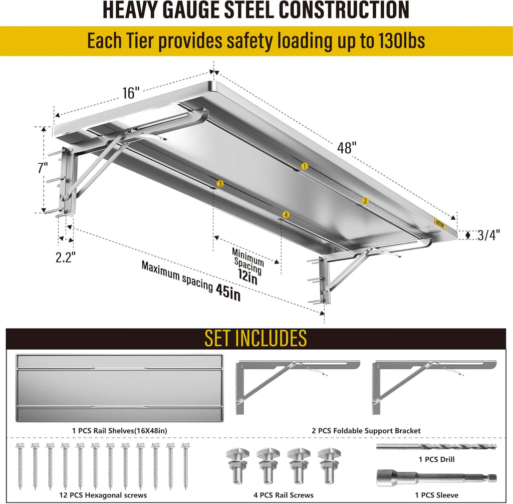 1.3x4ft Adjustable Rail Type Folding Storage Rack Shelf, Suitable for Garage, Storage Room, Kitchens Wall Shelf,Garage Storage Rack Floating Shelves, Wall Mounted Folding Table(1pc-Silver Gray)