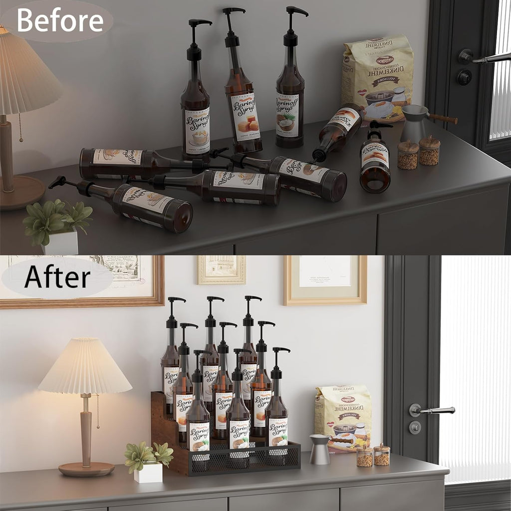 3-Tier Liquor Bottle Display Shelf, Rustic Wooden Bottle Holder Stand for Liquor Whiskey Wine Coffee Bottle Display with Fences, Storage Countertop Shelf for Café, Bar, Office Station