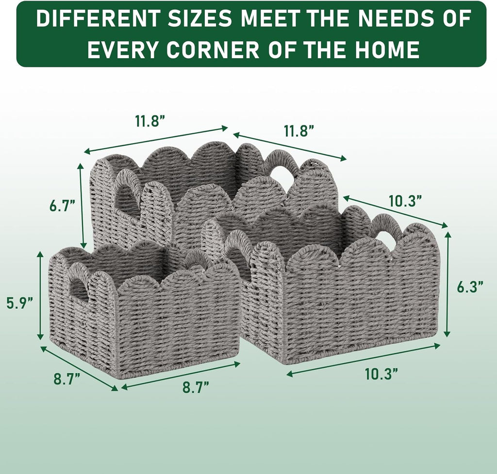 OIAHOMY Scalloped Wicker Baskets, Hand-woven Storage Baskets with Built-in Handles, Paper Rope Shelf Baskets for Organizing and Decoration, Set of 3-Grey
