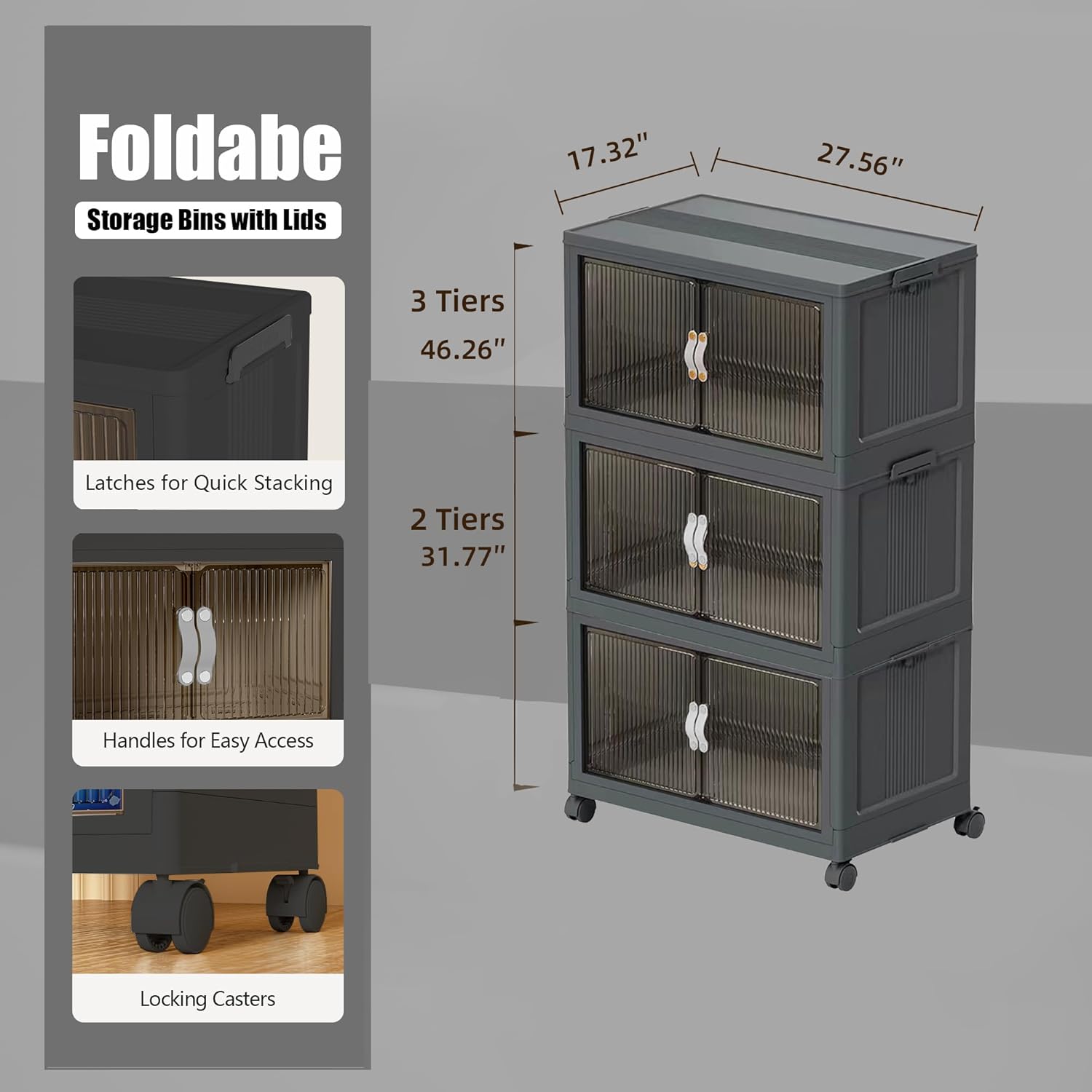 Stackable Storage Bins, Plastic Closet Organizer Folding Container with Lid & Wheel, Collapsible Storage Cabinet with Door, Foldable Storage Boxes for Home, Pantry, Office (L, Gray 3-Tier)
