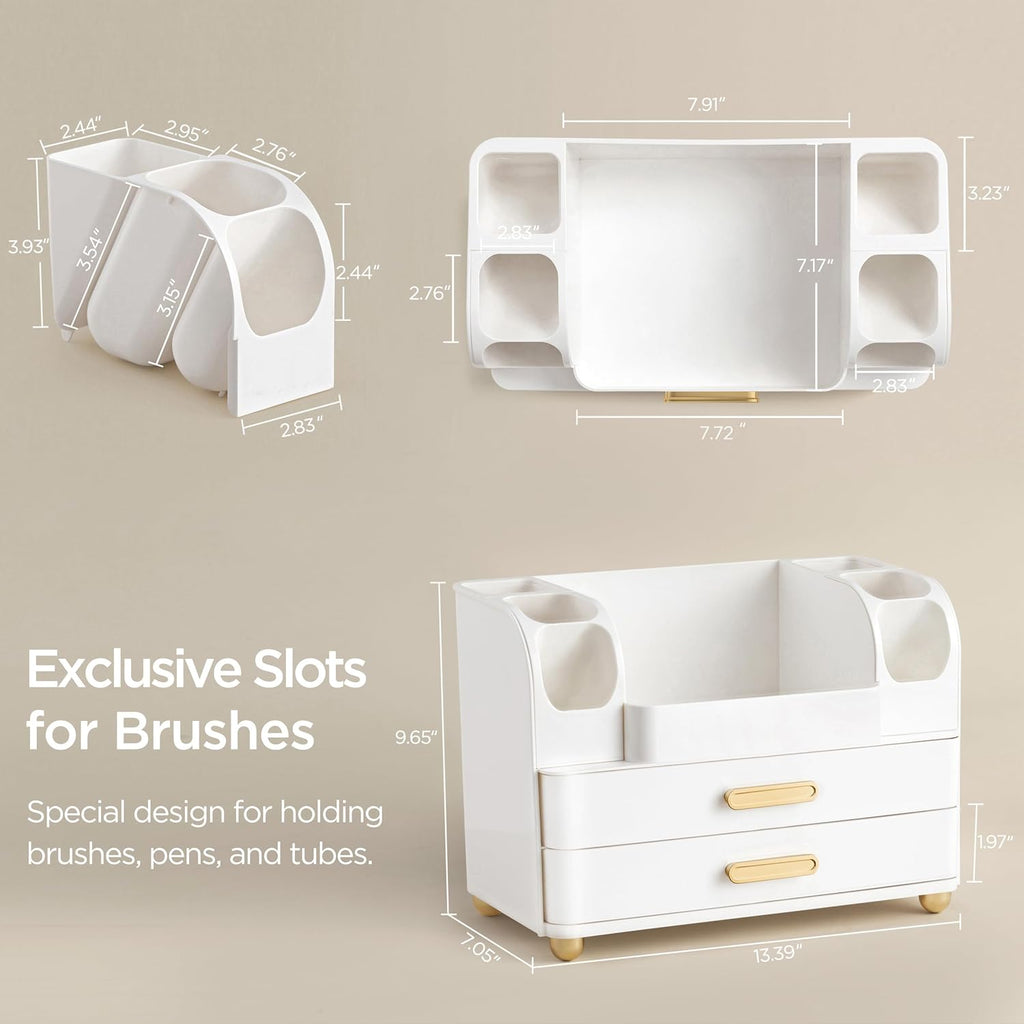 HBlife Makeup Organizer for Vanity with Brush Holder, Large Bathroom Countertop Cosmetic Organizer Skin Care Storage, Easy to Store Lipsticks, Nail Polishes, Perfumes, Eyeshadow Palettes, All White