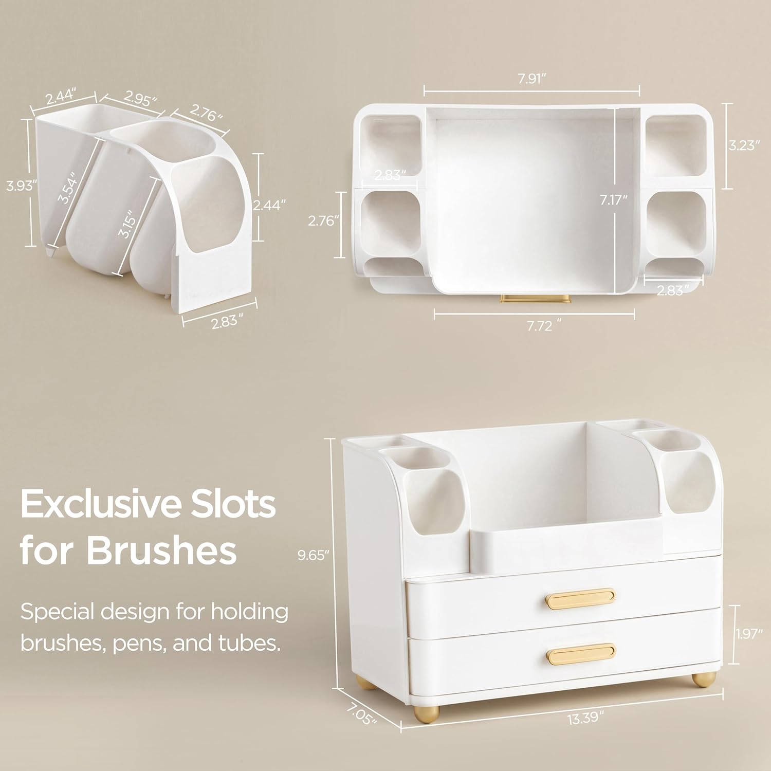 HBlife Makeup Organizer for Vanity with Brush Holder, Large Bathroom Countertop Cosmetic Organizer Skin Care Storage, Easy to Store Lipsticks, Nail Polishes, Perfumes, Eyeshadow Palettes, All White