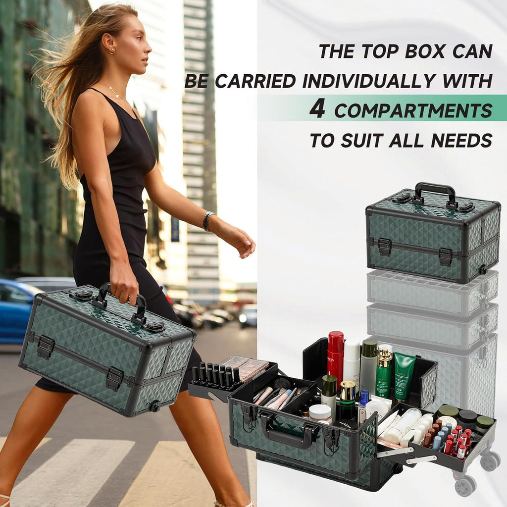 Leeora&Leekoo Portable Multi-Storey Nail Case for Nail Tech Organizer - Wheels Makeup Case Organizer, Cosmetic Case, Makeup Train Case, Make Up Case (Dark Green)