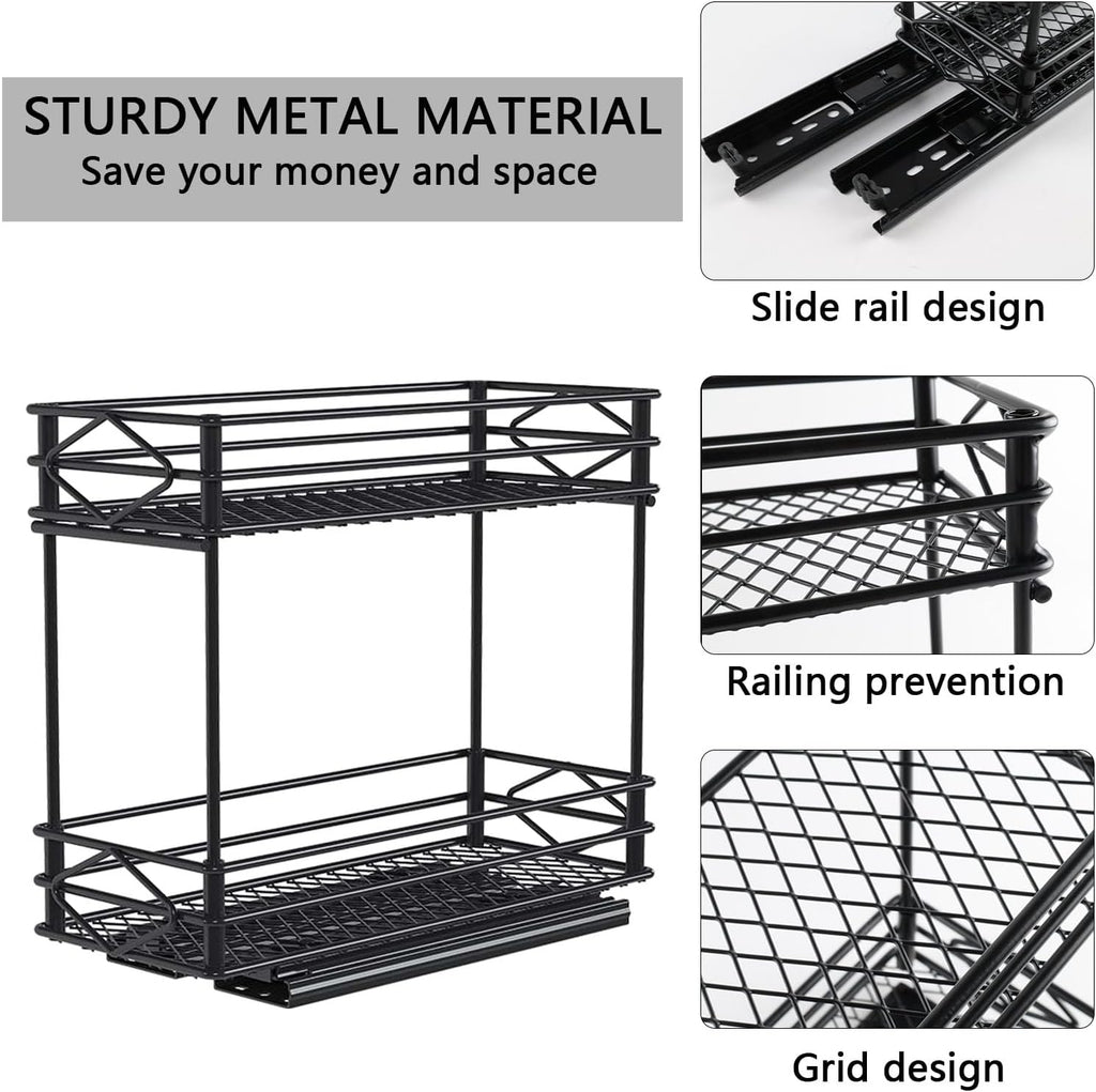 Pull Out Medicine Organizer,Slide Out Storage Drawers,Spice Rack Organizer for Cabinet,Pill Bottle Storage for Holding Vitamins,Supplements Cosmetics,10.43”L x 4.33”W x 7.87”H,2 Tier,Black