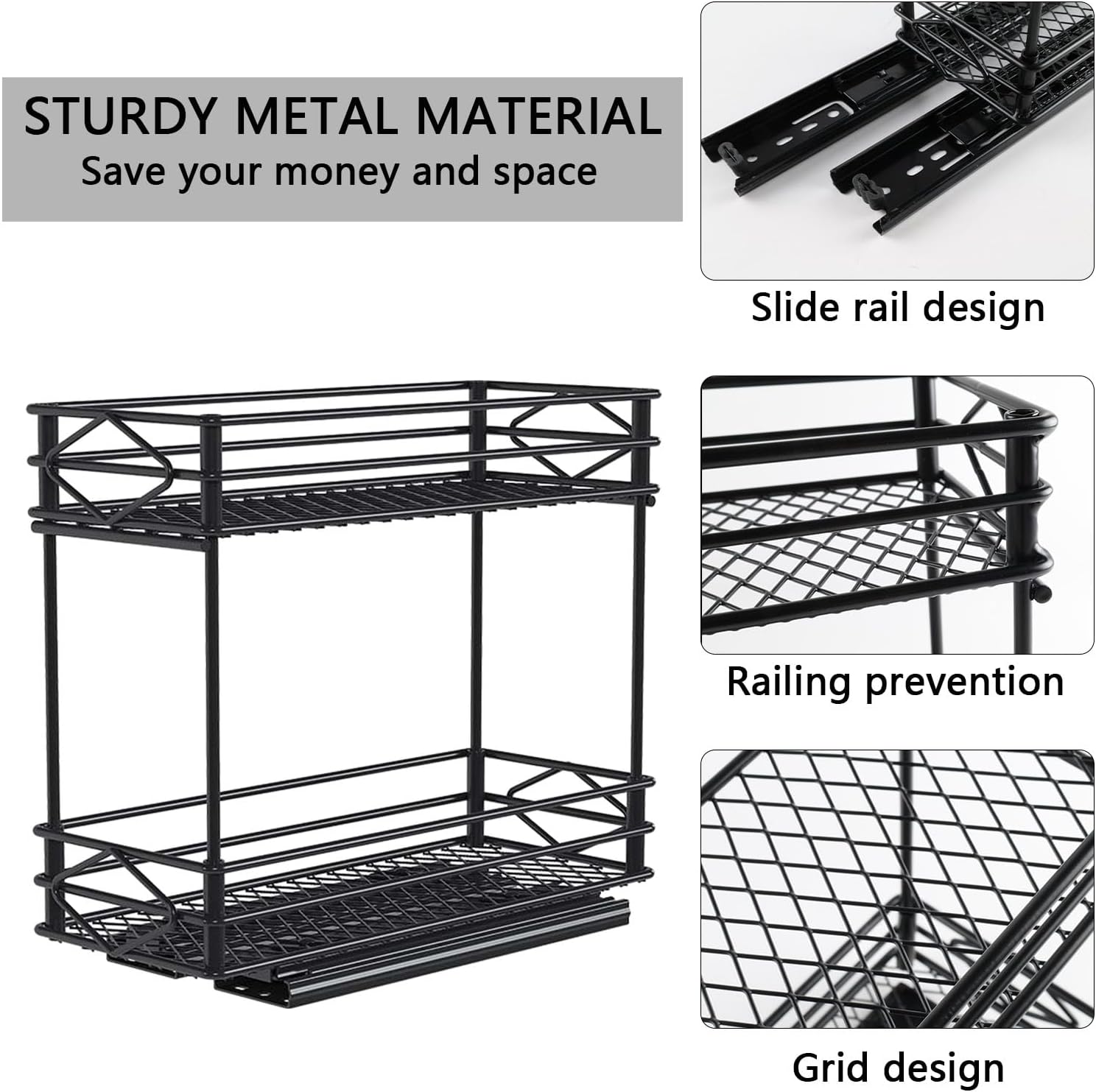 Pull Out Medicine Organizer,Slide Out Storage Drawers,Spice Rack Organizer for Cabinet,Pill Bottle Storage for Holding Vitamins,Supplements Cosmetics,10.43”L x 4.33”W x 7.87”H,2 Tier,Black