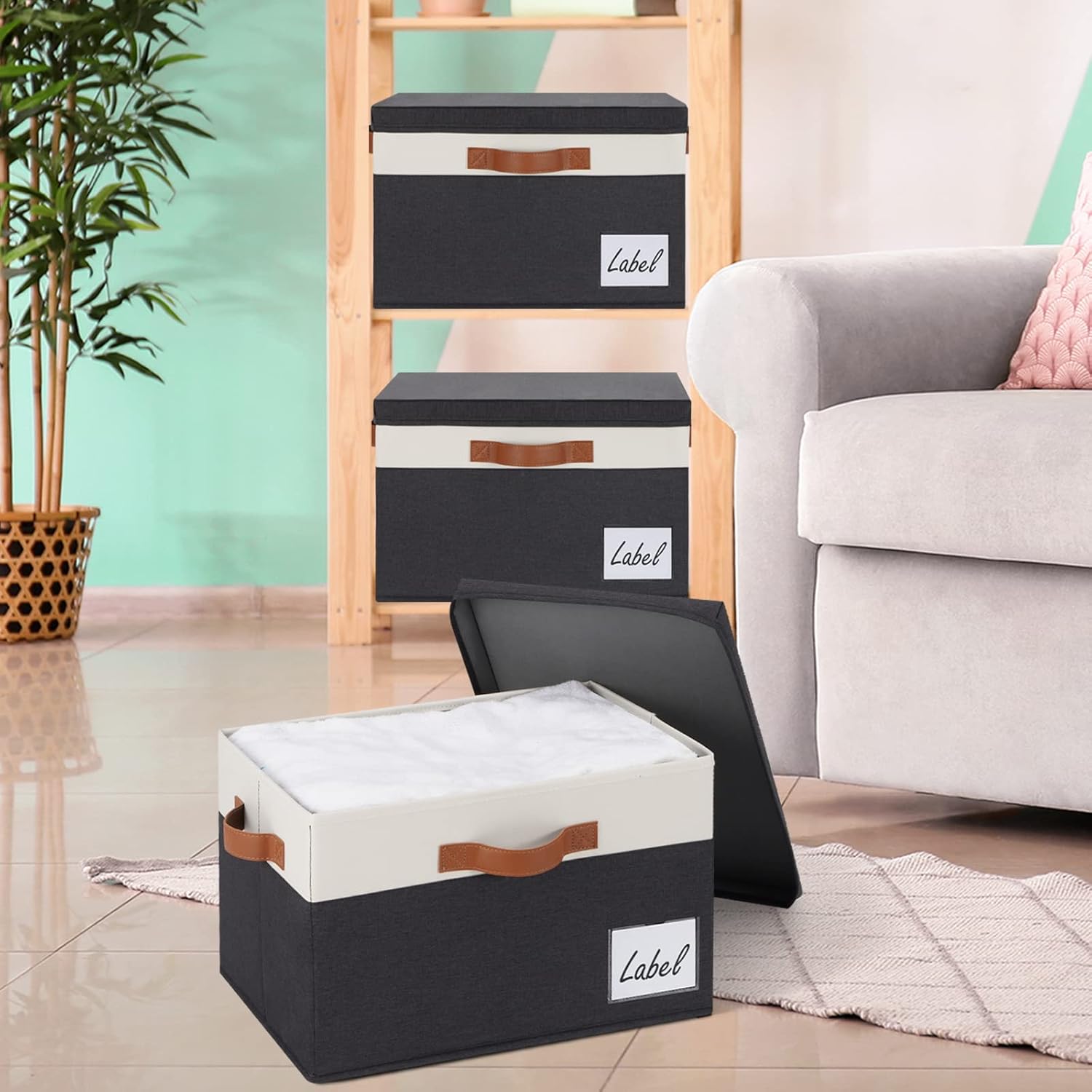 GhvyenntteS Extra Large Storage Bins with Lids, Foldable Fabric Storage Boxes with Lids and Handles, Storage Baskets with Lid and Label for Home Office (3 Pack, Black, 15.75" x 11.8" x 10.2")