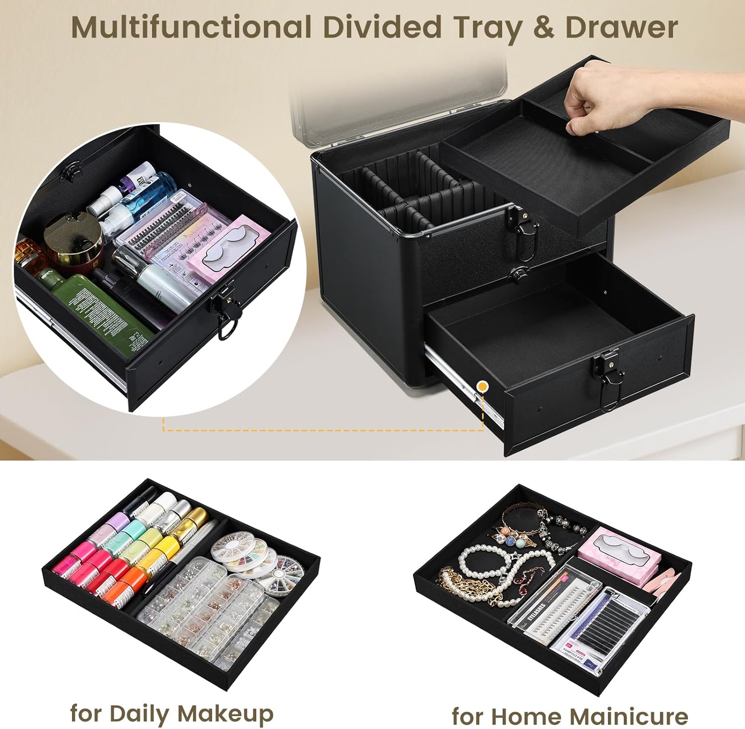 Makeup Case with Drawer, Detachable Lighted LED Mirror, Makeup Organizer Box Travel Make up Vanity Case Portable Cosmetic Train Case for MUA Lockable Makeup Suitcase with Adjustable Dividers