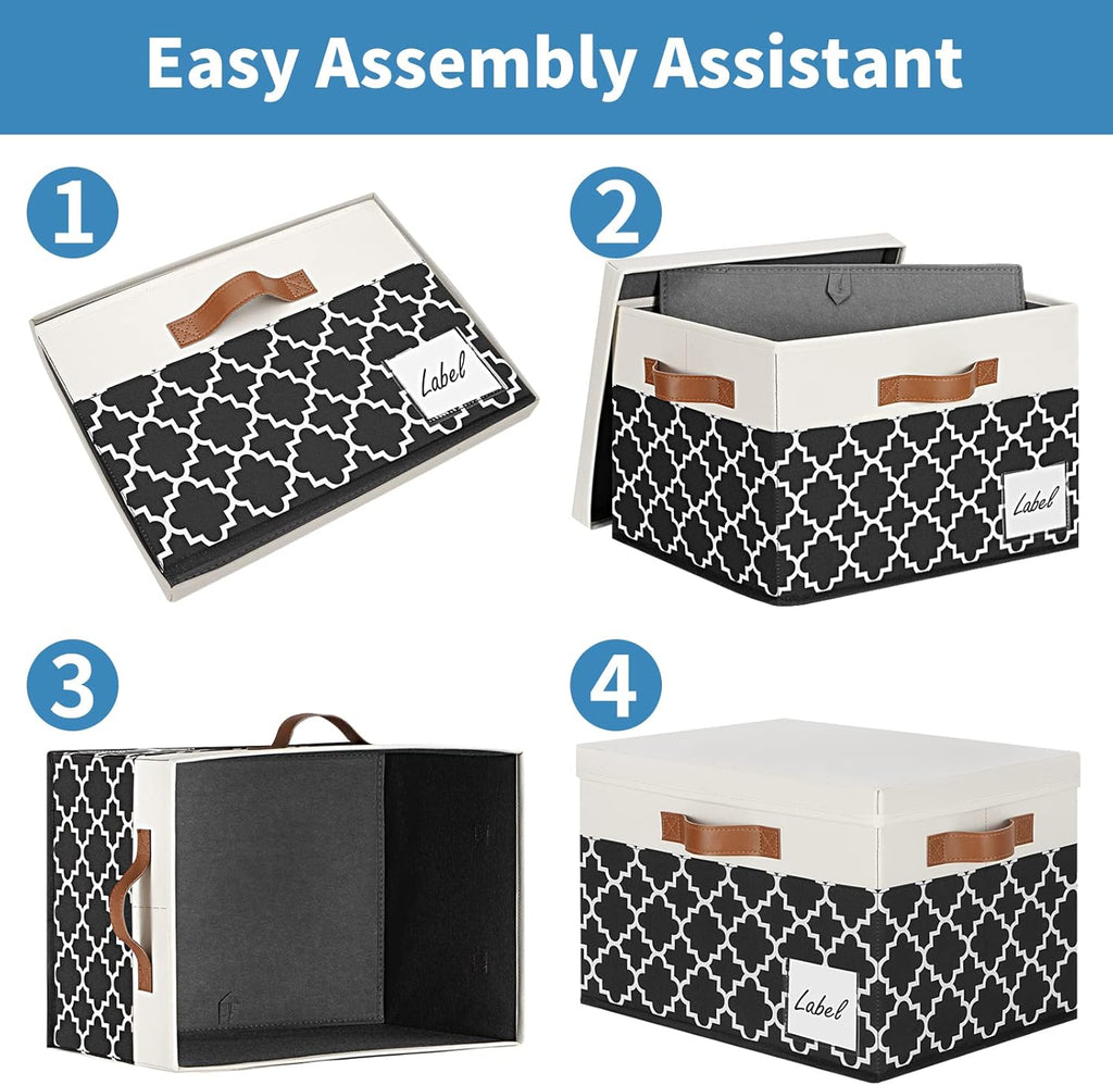 GhvyenntteS Fabric Storage Bins with Lids 3 Pack, Foldable Fabric Storage Boxes with Lids and 3 Handles, Sturdy Closet Organizers and Storage Bins with Label Window for Home (White&Lattice Black)