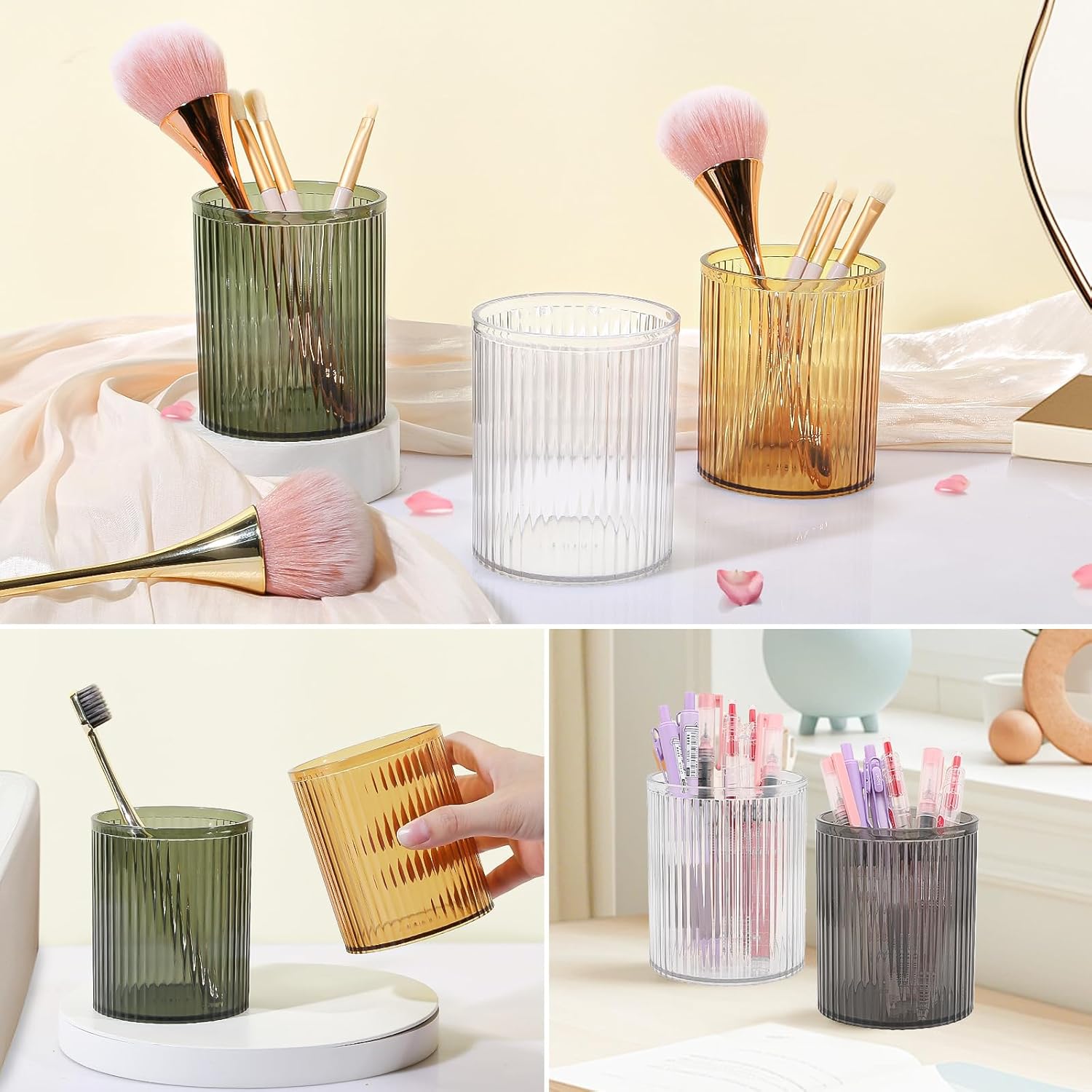 DASITON Makeup Brush Holder Organizer, Acrylic Makeup Brush Cup, Vintage Striped Make Up Brush Holder for Vanity, Bathroom Countertop, Toothbrush Holders, Pen Holder for Desk Storage (Clear)