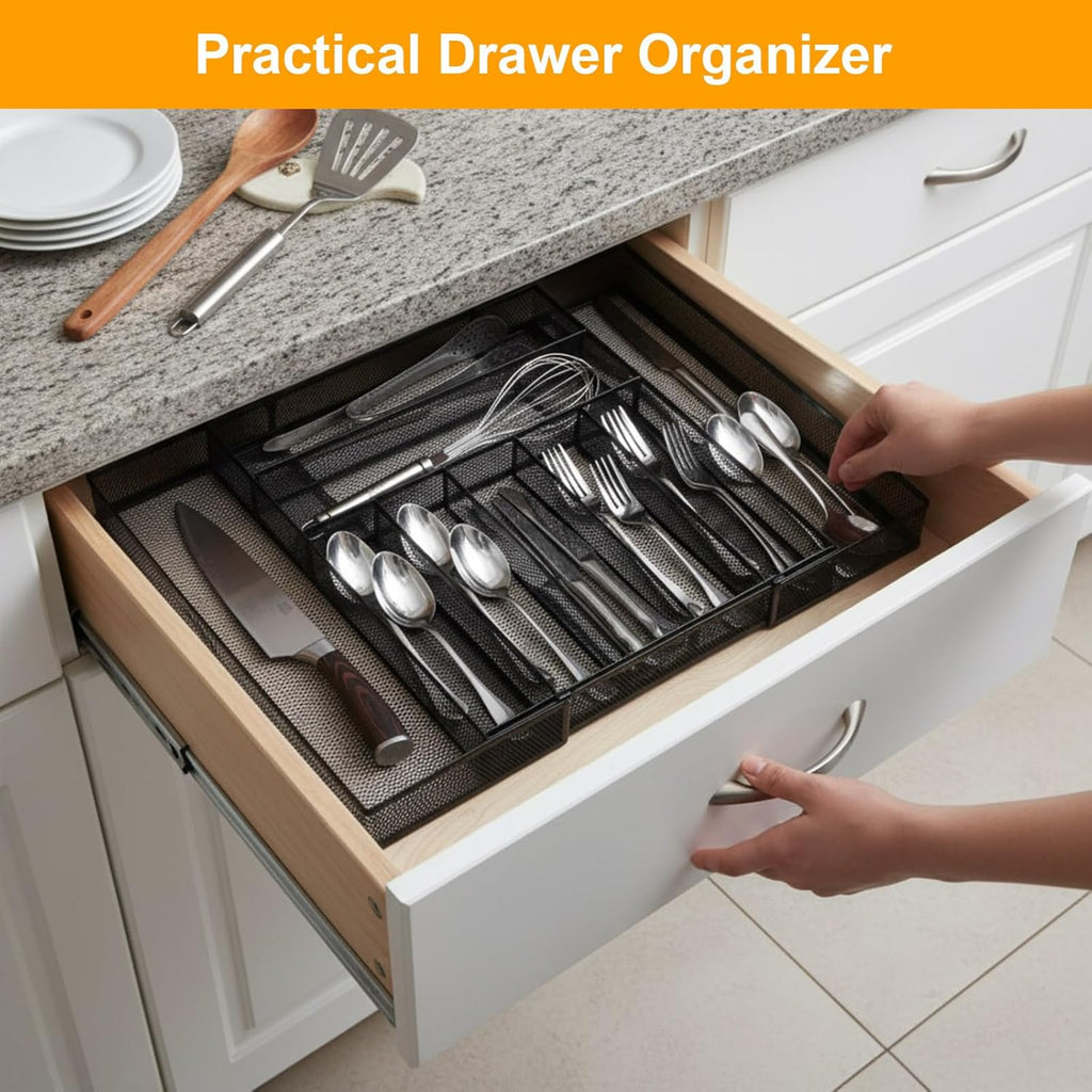 1 Pcs Utensil Drawer Silverware Organizer, Metal Mesh Expandable 13" ~24" Kitchen Drawer Organizer, 7-9 Slots Cutlery Tray Dividers for Kitchen Flatware Christmas Housewarming Gift (Black)
