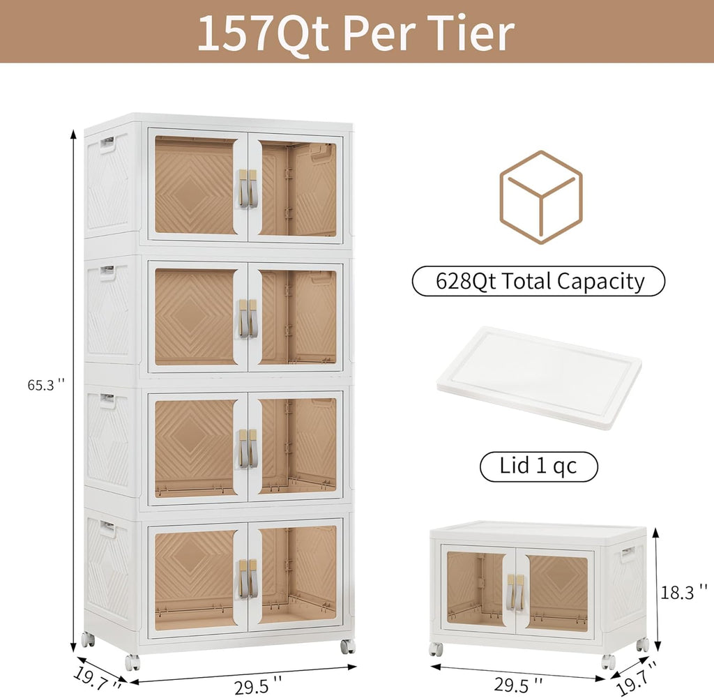Large Clear Stackable Storage Bins with Lids, Foldable Storage Cabinet for Closet Organizers and Storage, Plastic Storage Box with Wheels 628 QT