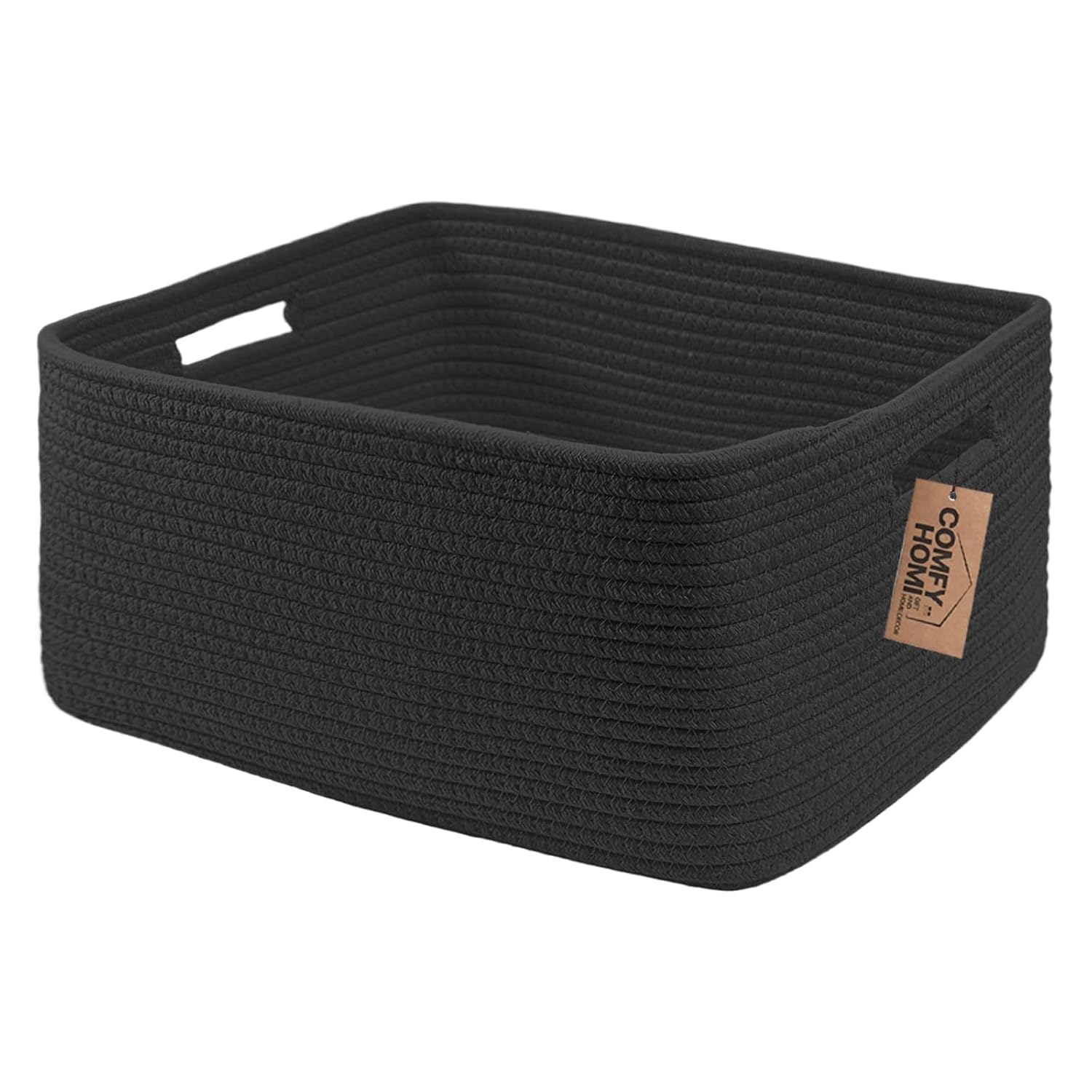 COMFY-HOMI Cotton Rope Woven Basket with Handles for Shelves,Toys,Book, Cloth Storage Baskets Bin for Organizing- 1 PCSToy Decorative Organizer for Living Room, Bathroom 17" x 13" x 7.5" - All Black